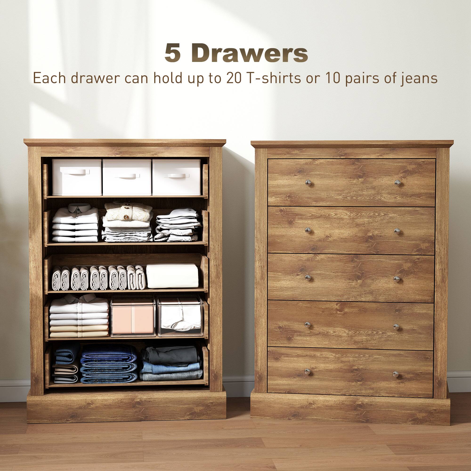 5 Drawers
Each drawer can hold up to 20 T-shirts or 10 pairs of jeans