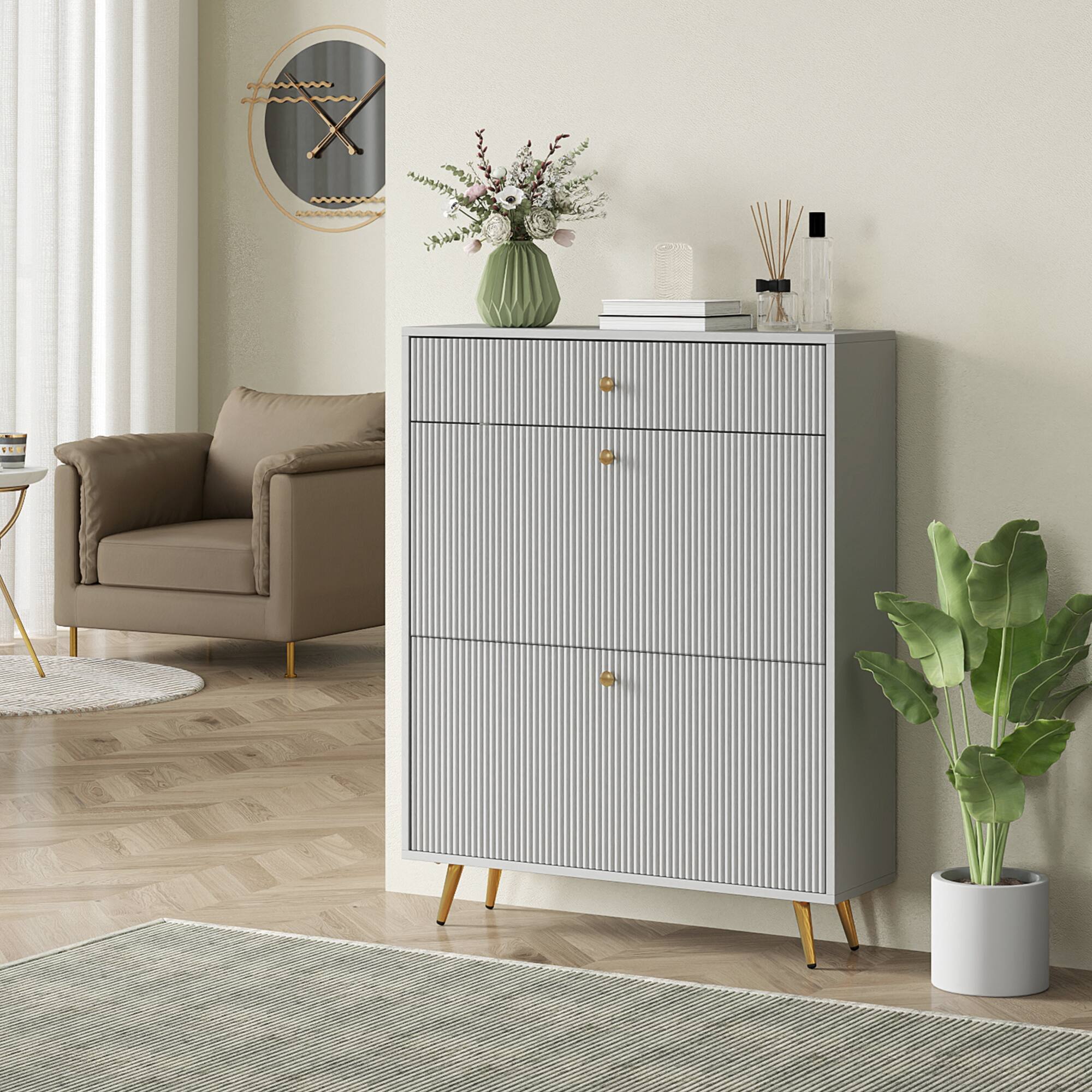 Alt View 1. Homcom - Narrow Shoe Cabinet with 2 Flip Drawers, Wave-Like Panels & Adjustable Shelves for 12 Pairs​ - Gray.