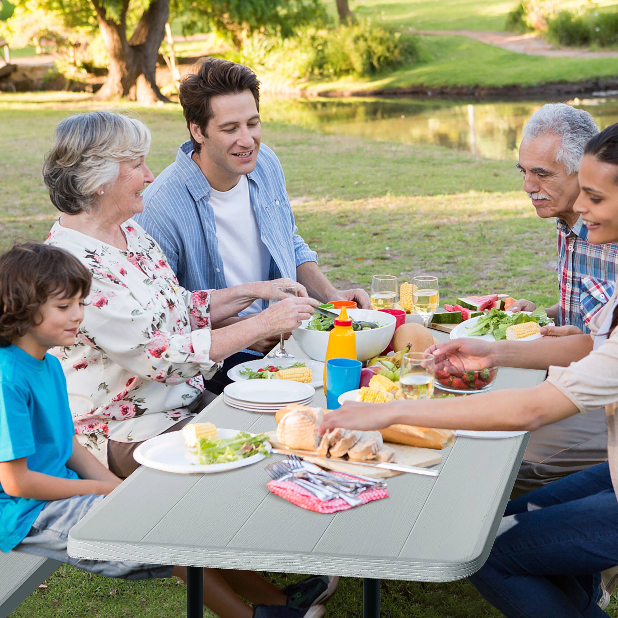 Alt View 3. Costway - Costway Indoor & Outdoor Folding Picnic Table Bench Set w/ Wood-like Texture - Grey.