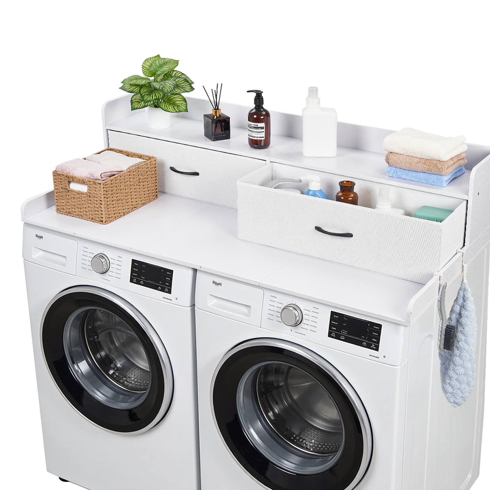 Alt View 5. VEVOR - Washer Dryer Countertop with Shelf, 54 x 27.5 in Wooden Washer and Dryer Topper with 2 Drawers & 2 Hooks - White.