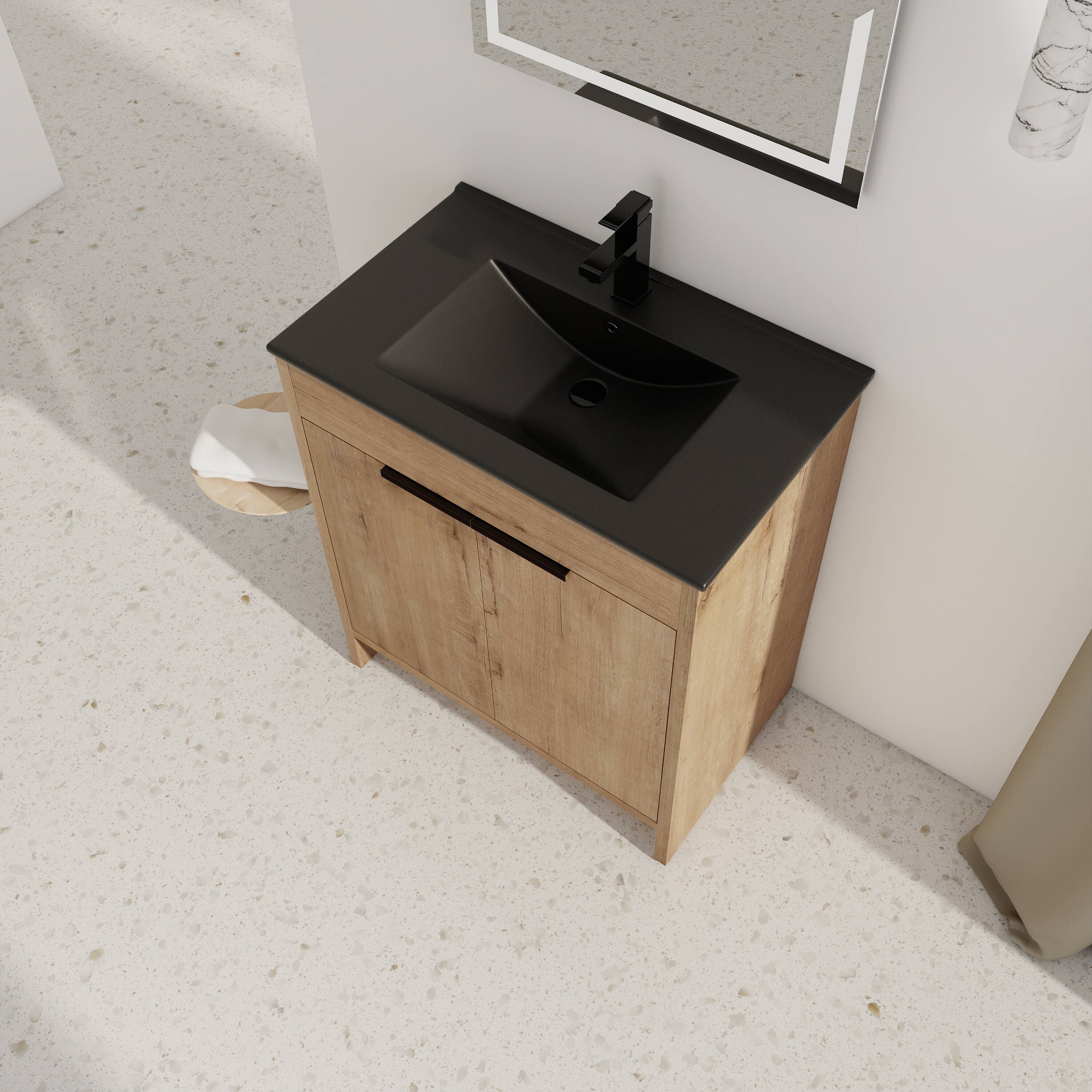 Left. TinyHomie - 30in Freestanding Bathroom Cabinet With Basin and 2 Soft-Close Cabinet Doors KD-PACKING - Imitative Oak.