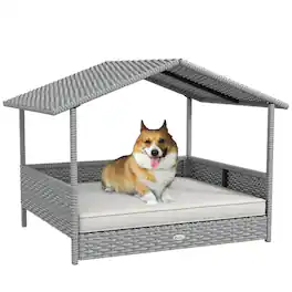Pawhut - Wicker Dog House Outdoor, Canopy, Rattan Bed, Water-resistant Cushion, 66 lbs, 19.75", Silver Wicker, White Cushion - Cream White