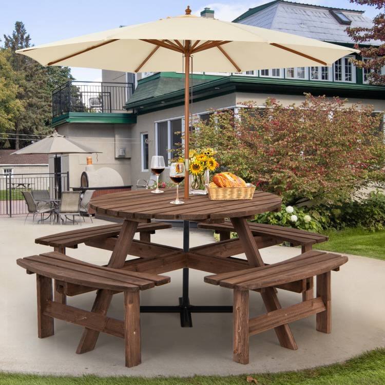 Left. Hivvago - 8-Set Outdoor Solid Wood Round Picnic Table with 4 Benches Patio Garden Dining Set - Brown.