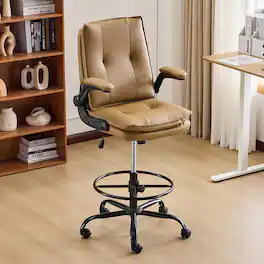 Winado - Office Artist Chair with Adjustable Footrest and Lumbar Support Contoured Back Support, Flip-Up Armrests, 360° Swivel - Pu Khaki