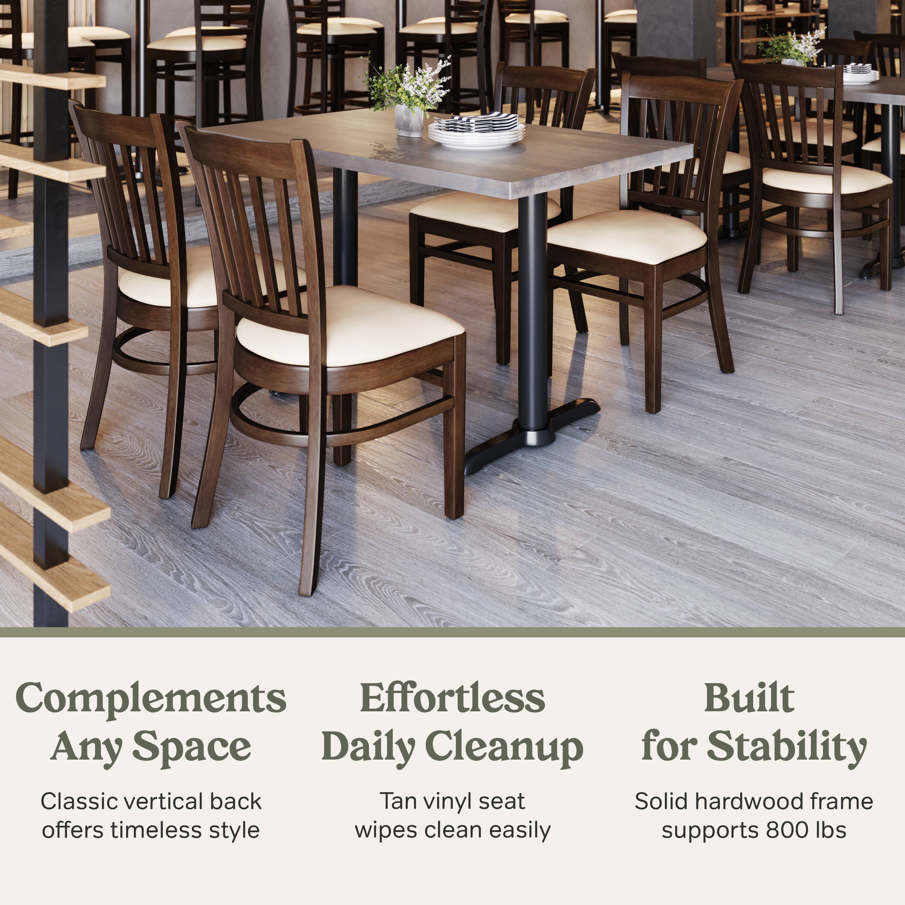 Complements Any Space  
Effortless Daily Cleanup  
Built for Stability  

Classic vertical back offers timeless style  
Tan vinyl seat wipes clean easily  
Solid hardwood frame supports 800 lbs