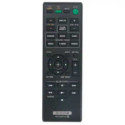 TV INPUT
TV 1/0
INPUT 1/0
DISPLAY
TV CH
CLEAR AUDIO
SW VOL
10+
STANDARD
MOVIE
SOUND FIELD
MUSIC
P.AUDIO
SPORTS
VOICE
NIGHT
MUTING
VOL +
VOL -
RETURN
AMP MENU
BLUETOOTH
PAIRING
AV SYSTEM
RM-ANP114