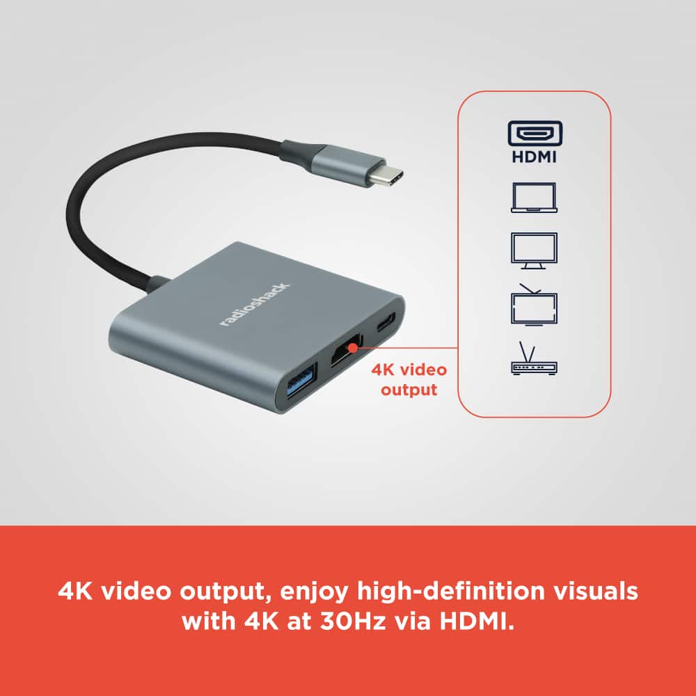 RadioShack 3 in 1 Male Type C to HDMI, Type C and USB C Input