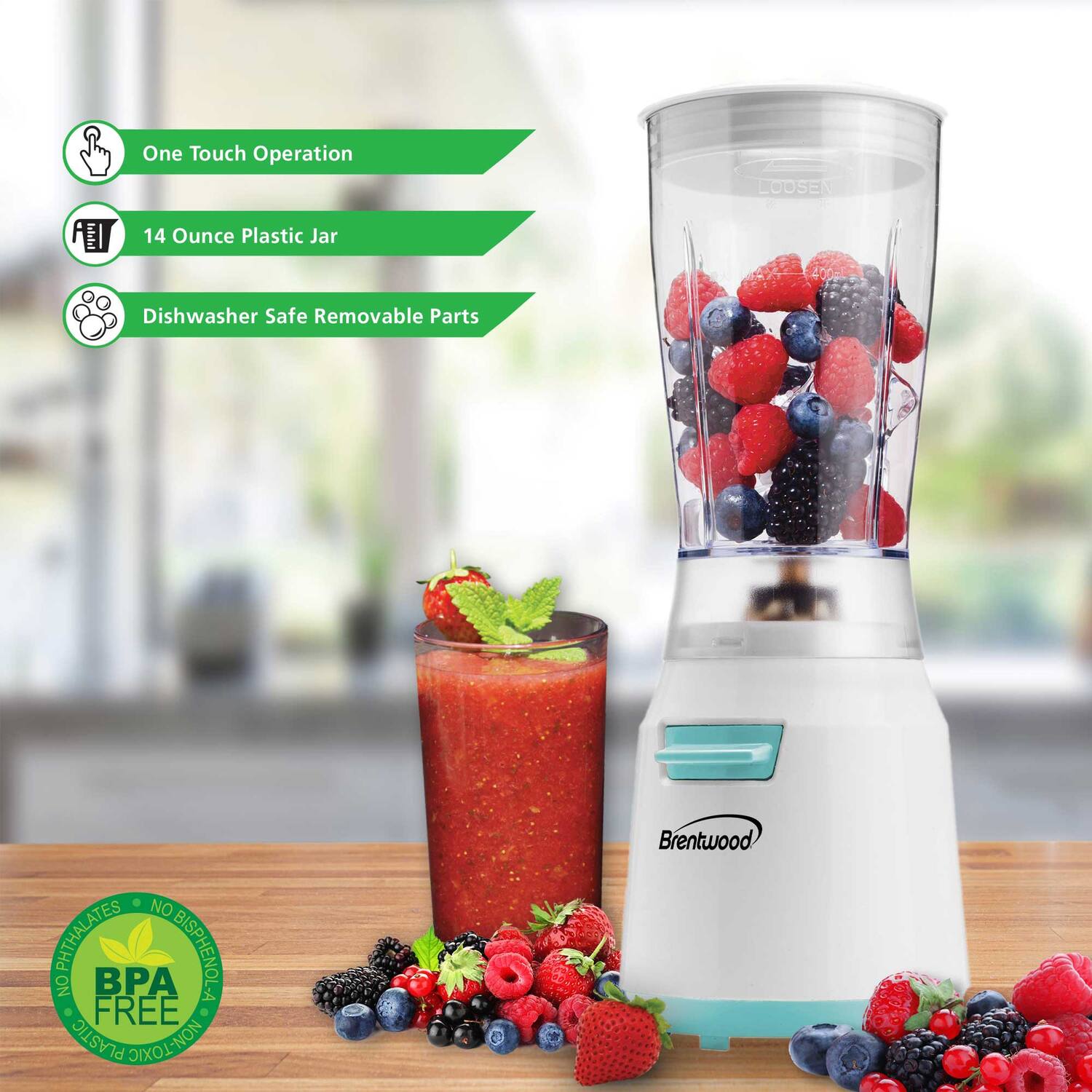 One Touch Operation  
14 Ounce Plastic Jar  
Dishwasher Safe Removable Parts  
NO PHTHALATES  
BISPHENOL A FREE  
PLASTIC  
NON-TOXIC  
Brentwood