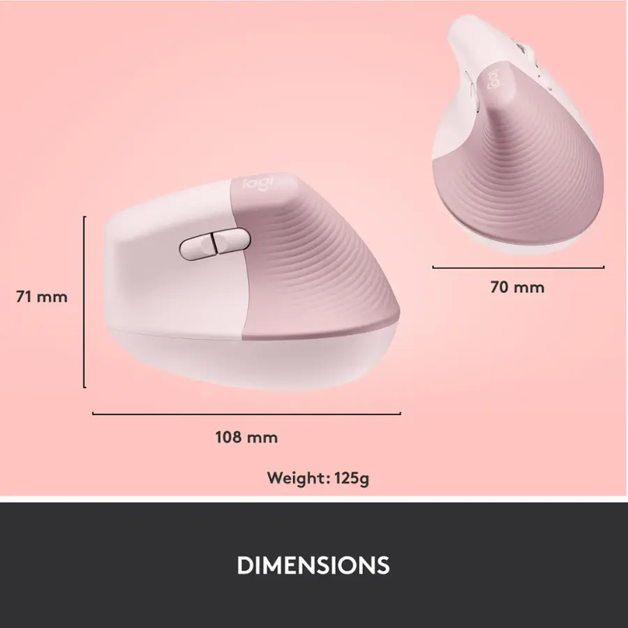 The text on the image reads: "logi logi 71 mm 70 mm 108 mm Weight: 125g DIMENSIONS."
