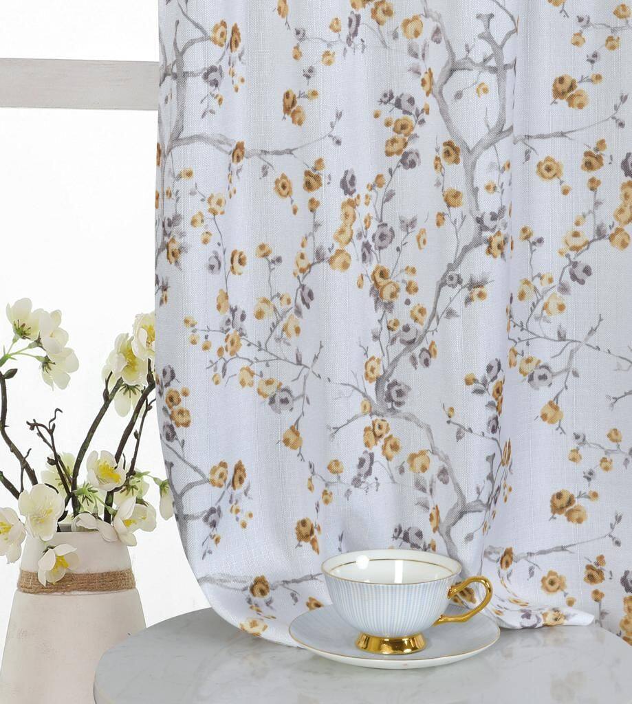 Left. Kate Aurora - Kate Aurora Complete 3 Piece Rod Pocket Cherry Blossom Cafe Kitchen Curtain Tier & Valance Set - Gold - Gold.