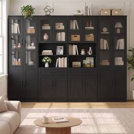 Aheaplus - 79.7'' Tall Bookcase Set of 4, 94.4'' Wide Freestanding Bookshelf with Drawers and Adjustable Shelves - Black
