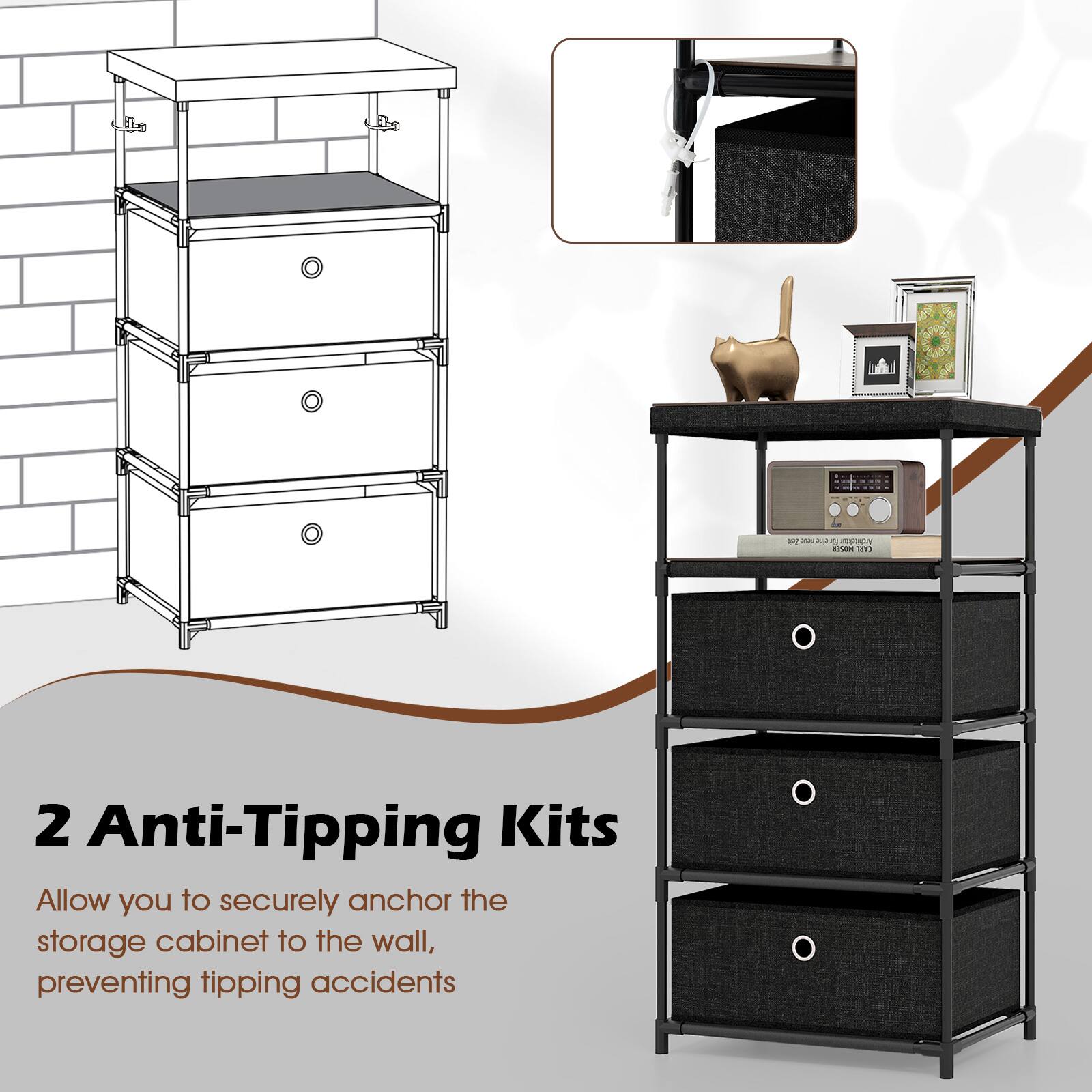 2 Anti-Tipping Kits

Allow you to securely anchor the storage cabinet to the wall, preventing tipping accidents