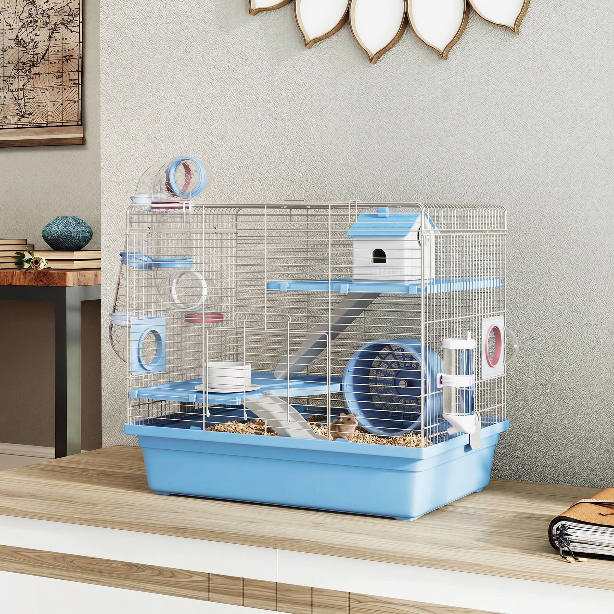 Alt View 1. Pawhut - Cage, 3-Tier Small Animal Cage with Exercise Wheel, Food Bowl, Water Bottle, House - Blue.