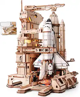 Robotime - ROKR 3D Puzzles for Adults Space Shuttle, Interactive DIY Building Model with Lighting, Airplane Wooden Puzzles - Brown