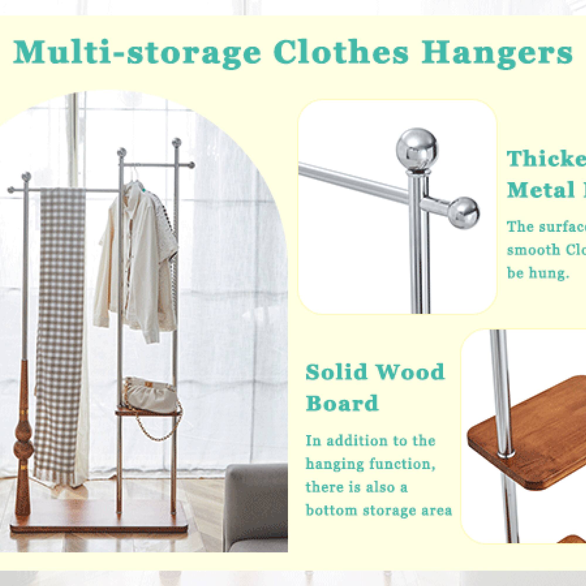 Multi-storage Clothes Hangers

Thicker Metal  
The surface is smooth, making it easy to hang clothes.

Solid Wood Board  
In addition to the hanging function, there is also a bottom storage area.