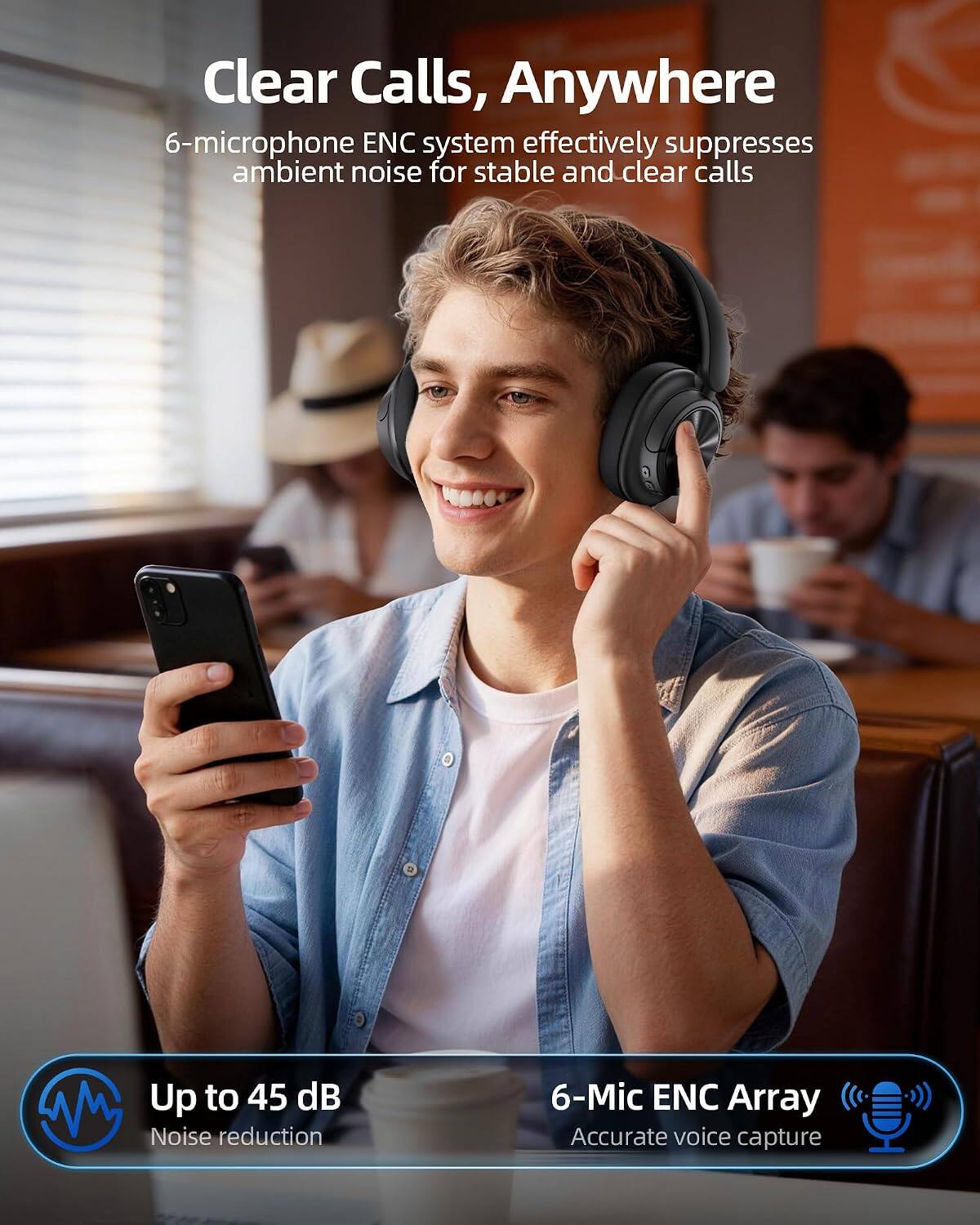 Clear Calls, Anywhere

6-microphone ENC system effectively suppresses ambient noise for stable and clear calls

Up to 45 dB Noise reduction

6-Mic ENC Array
Accurate voice capture