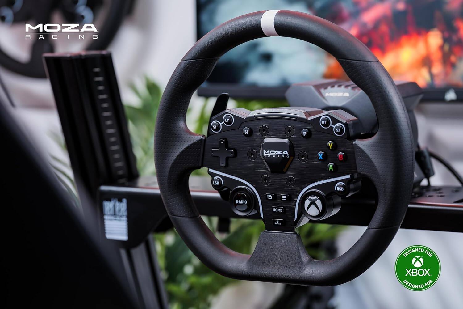 MOZA RACING S1 LT is a racing wheel designed for Xbox. It features a steering wheel with a built-in shifter and a set of buttons for additional controls. The wheel is compatible with Xbox One and is designed for racing games. The wheel is black and has a white stripe down the center. It is a high-quality wheel that provides an immersive gaming experience for Xbox users.