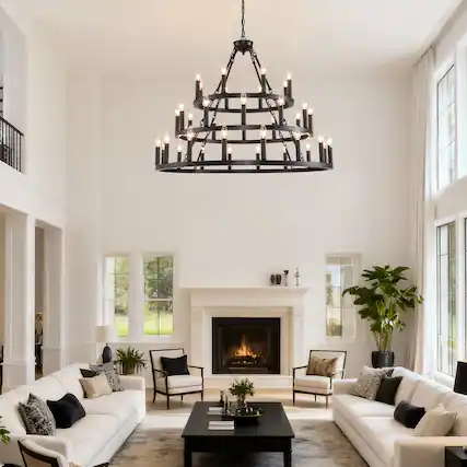 Front. Boyel Living - 39.37 Inch 3 Tiers Wagon Wheel Chandelier Farmhouse 36 Light 8 12 16 Black Metal Chandeliers.