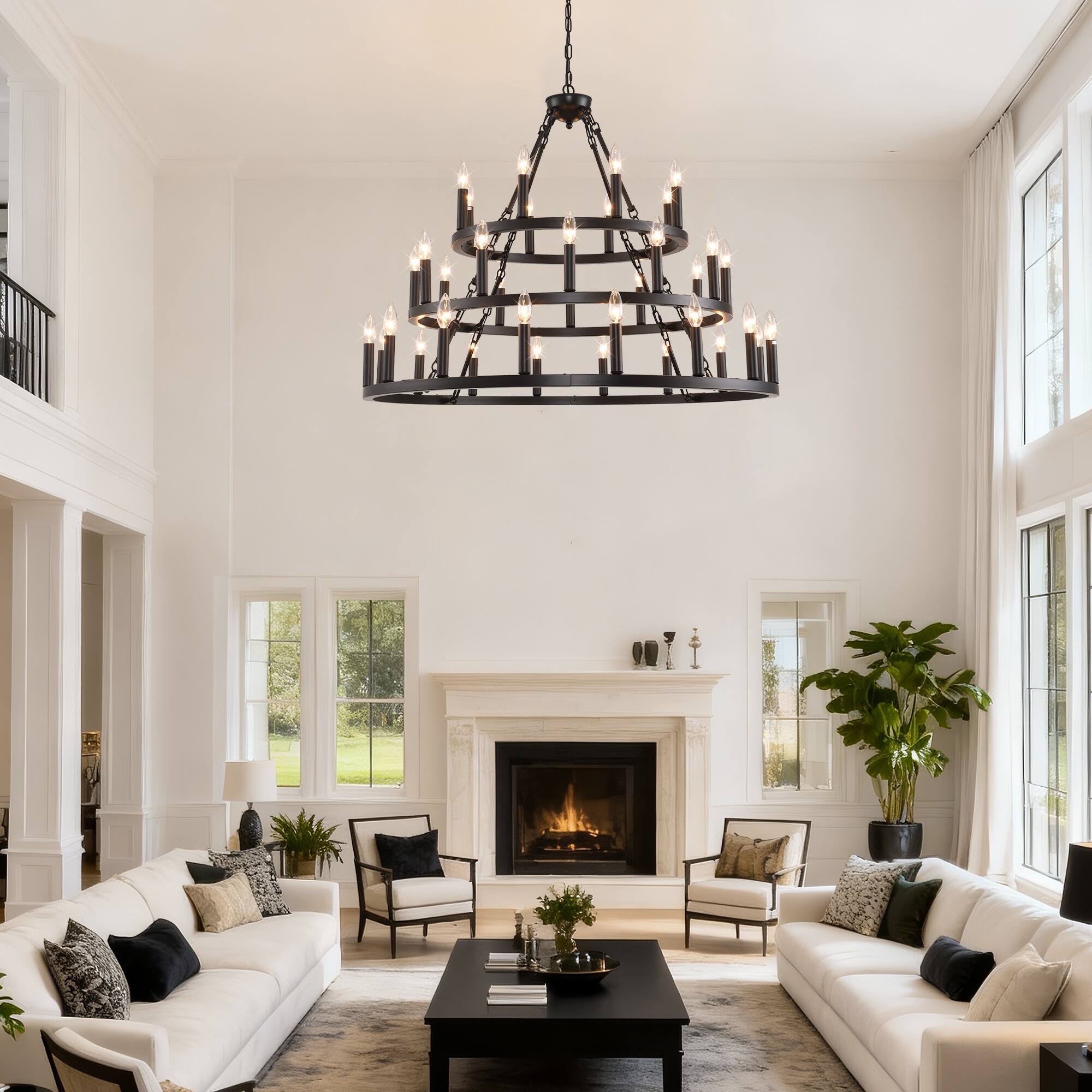 Front. Boyel Living - 39.37 Inch 3 Tiers Wagon Wheel Chandelier Farmhouse 36 Light 8 12 16 Black Metal Chandeliers.