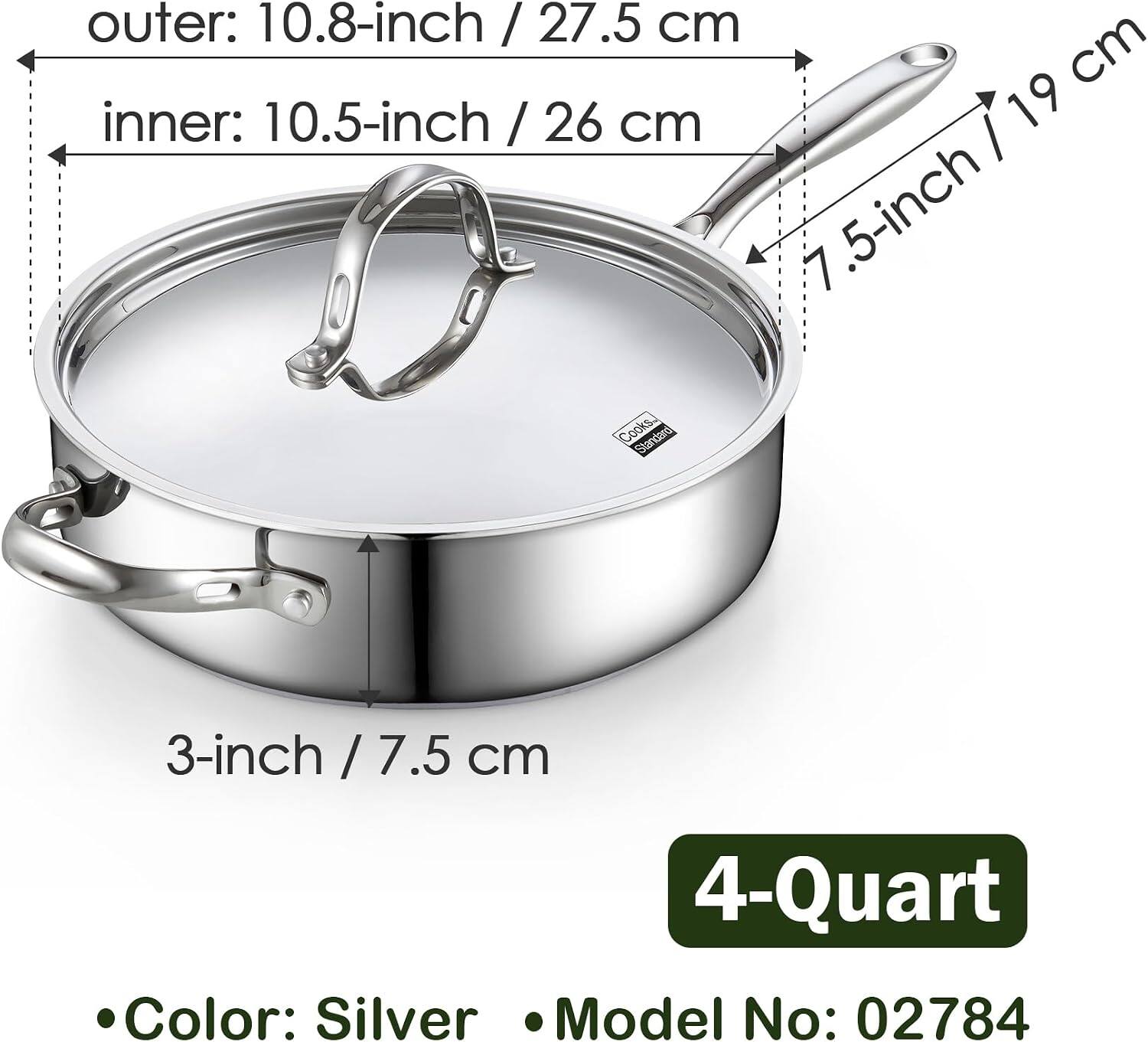 outer: 10.8-inch / 27.5 cm  
inner: 10.5-inch / 26 cm  
3-inch / 7.5 cm  
4-Quart  
Color: Silver  
Model No: 02784