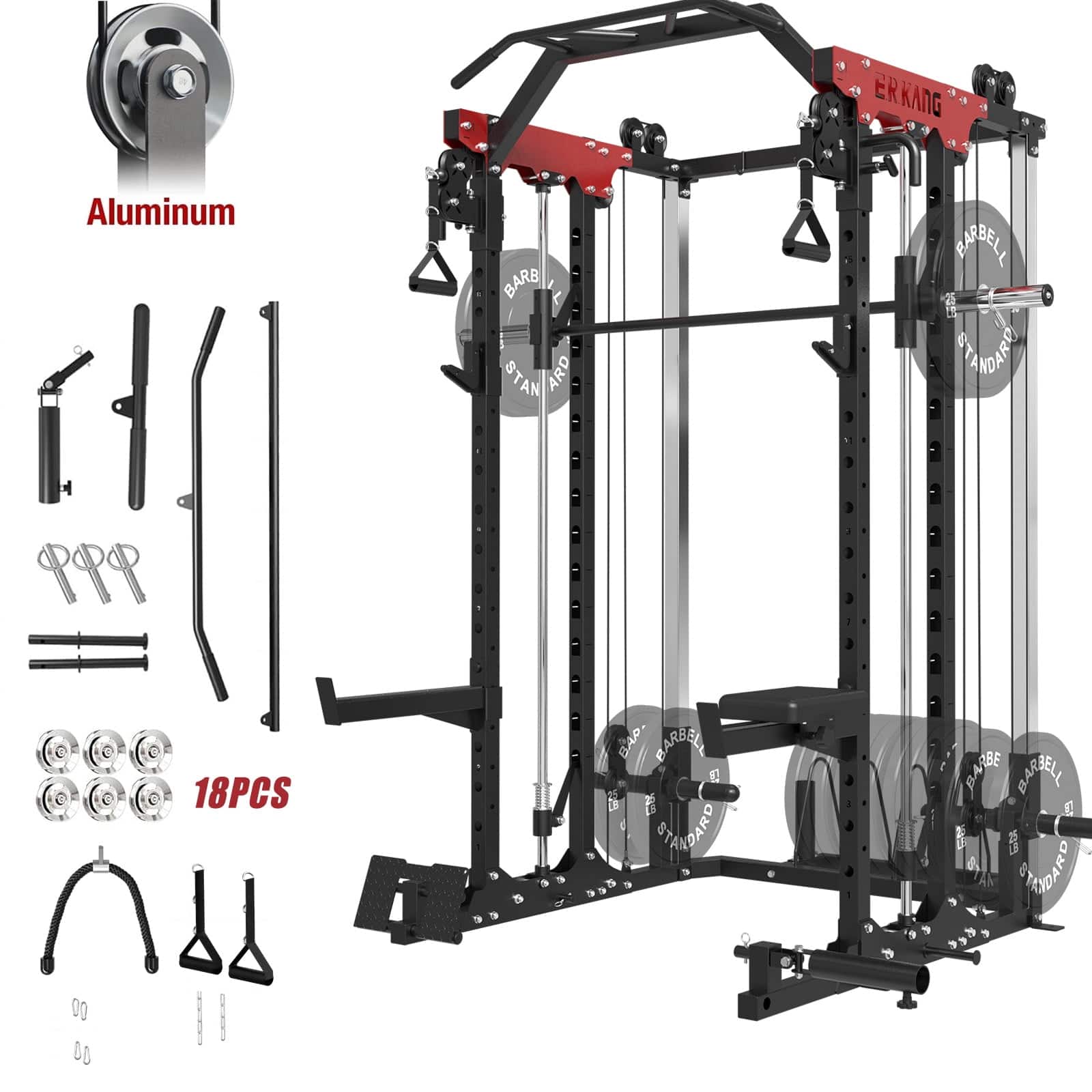 Mikolo - Smith Machine, 2000LBS Power Cage Squat Rack with Smith Bar, Two LAT Pull-Down Systems, and More Cable Attachment - Black