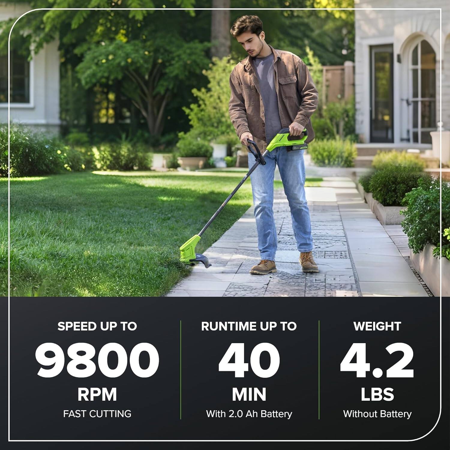 SPEED UP TO 9800 RPM  
FAST CUTTING  

RUNTIME UP TO 40 MIN  
With 2.0 Ah Battery  

WEIGHT 4.2 LBS  
Without Battery