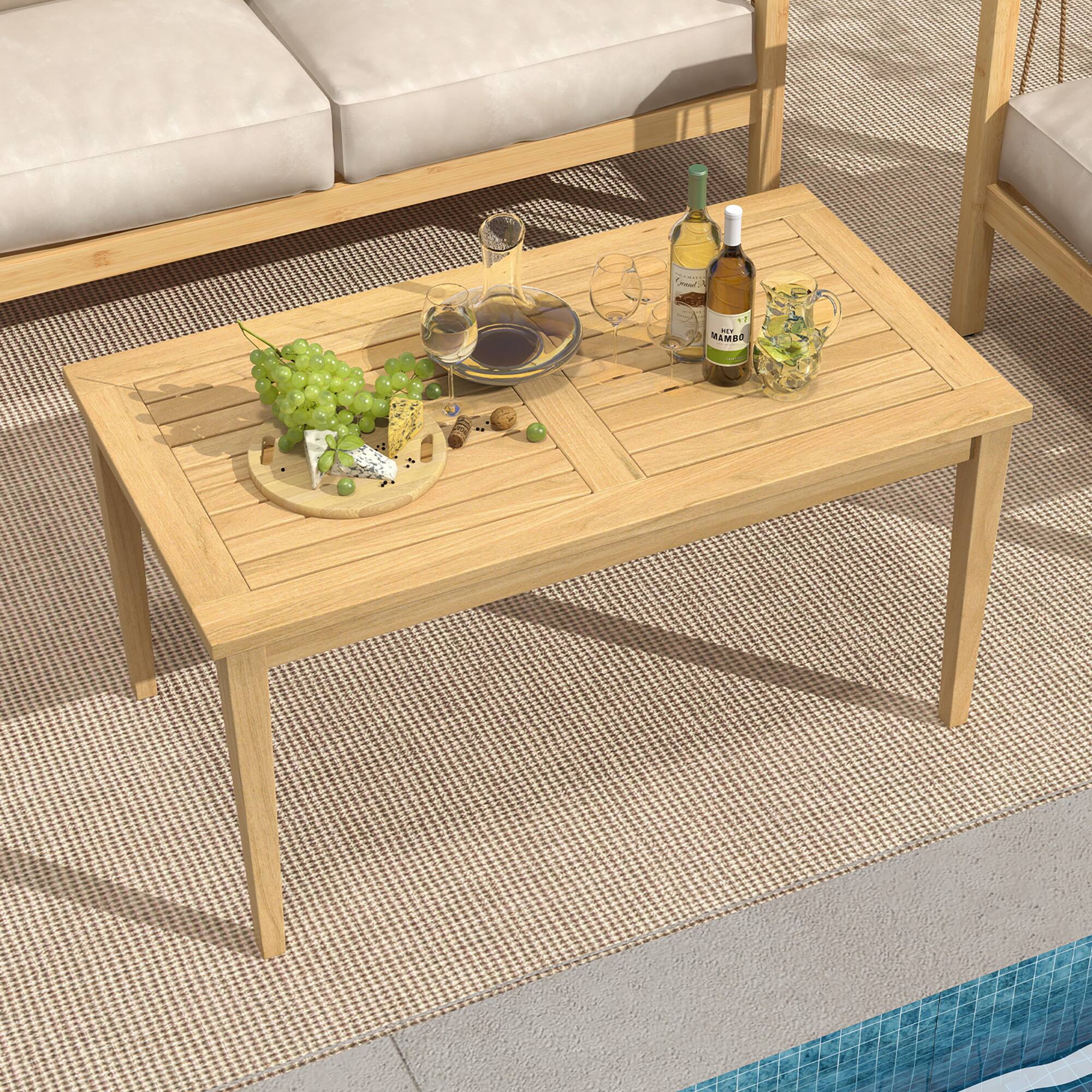 Alt View 5. Gymax - Gymax 35.5''x20'' Outdoor Teak Wood Coffee Table w/ Slatted Tabletop Patio Furniture - Natural.