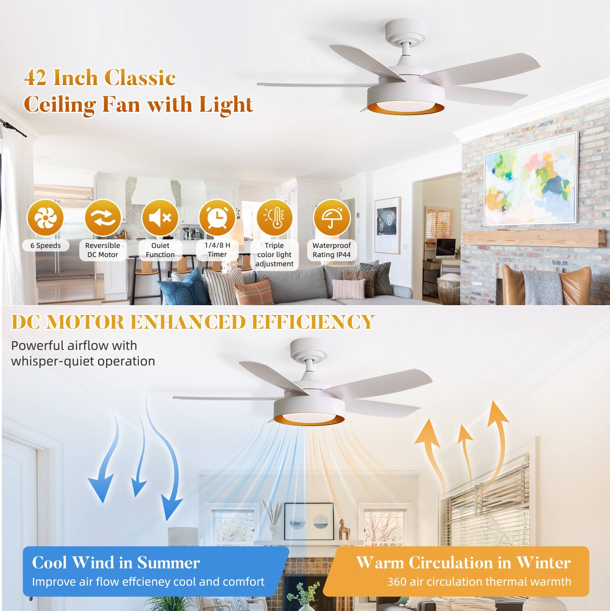 42 Inch Classic Ceiling Fan with Light

- 6 Speeds
- Reversible DC Motor
- Quiet Function
- 1/4/8 H Timer
- Triple color light adjustment
- Waterproof Rating IP44

DC MOTOR ENHANCED EFFICIENCY
Powerful airflow with whisper-quiet operation

Cool Wind in Summer
Improve airflow efficiency cool and comfort

Warm Circulation in Winter
360 air circulation thermal warmth