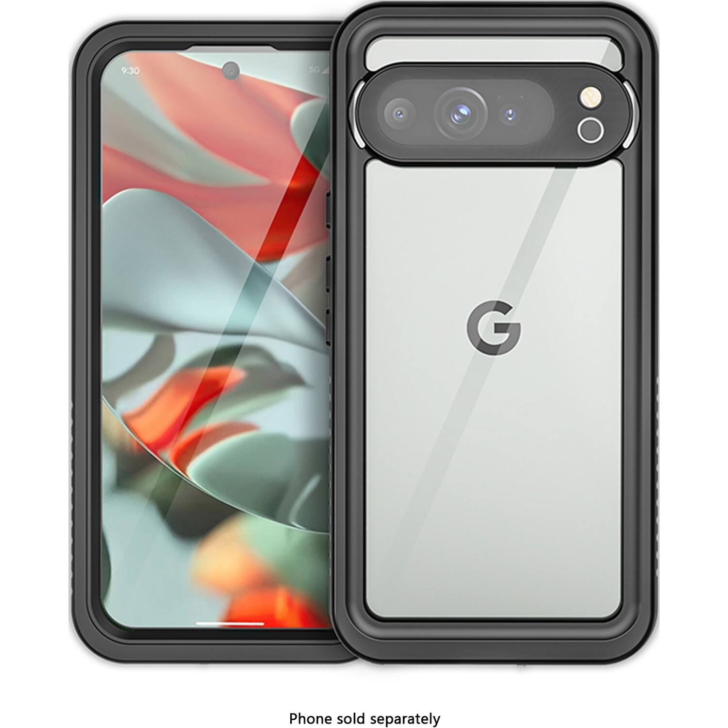 The image shows a close-up of a cell phone with a case on it. The phone is a Google Pixel 3a, and the case is a black and gray case. The phone is turned on, and the camera is visible on the back of the phone. The case is designed to protect the phone from scratches and other damage. The image is advertising the phone and the case, and it is sold separately.