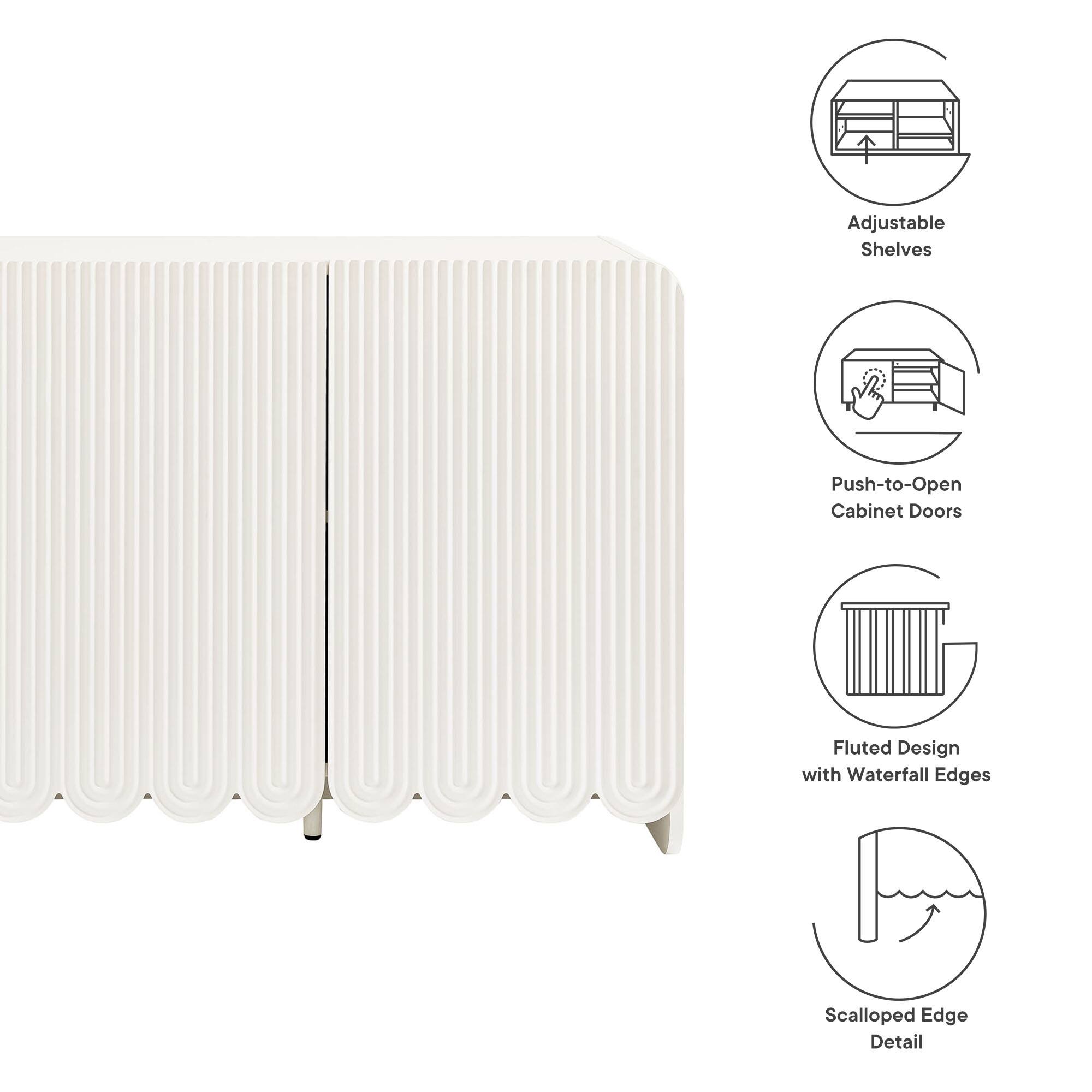 Adjustable Shelves  
Push-to-Open Cabinet Doors  
Fluted Design with Waterfall Edges  
Scalloped Edge Detail