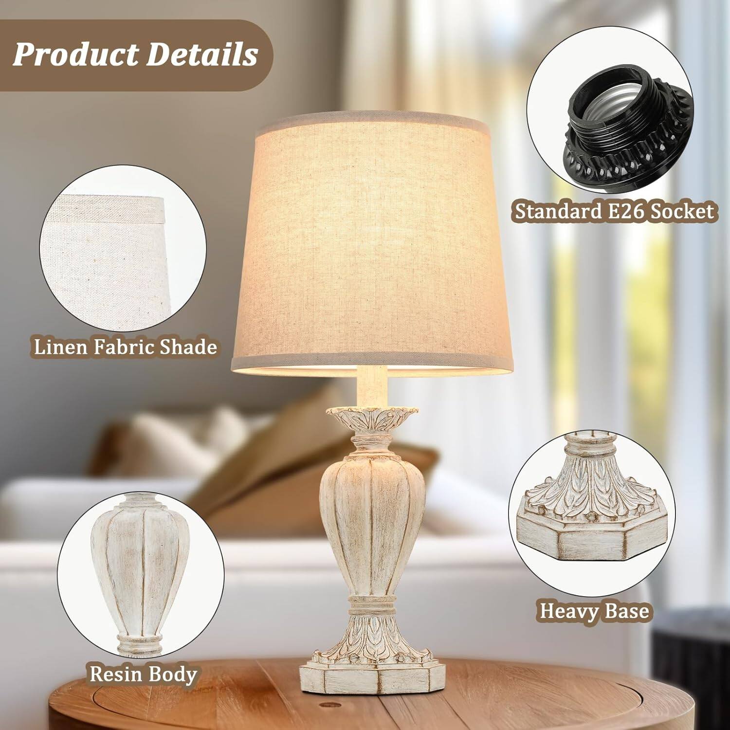 Product Details  
- Standard E26 Socket  
- Linen Fabric Shade  
- Heavy Base  
- Resin Body