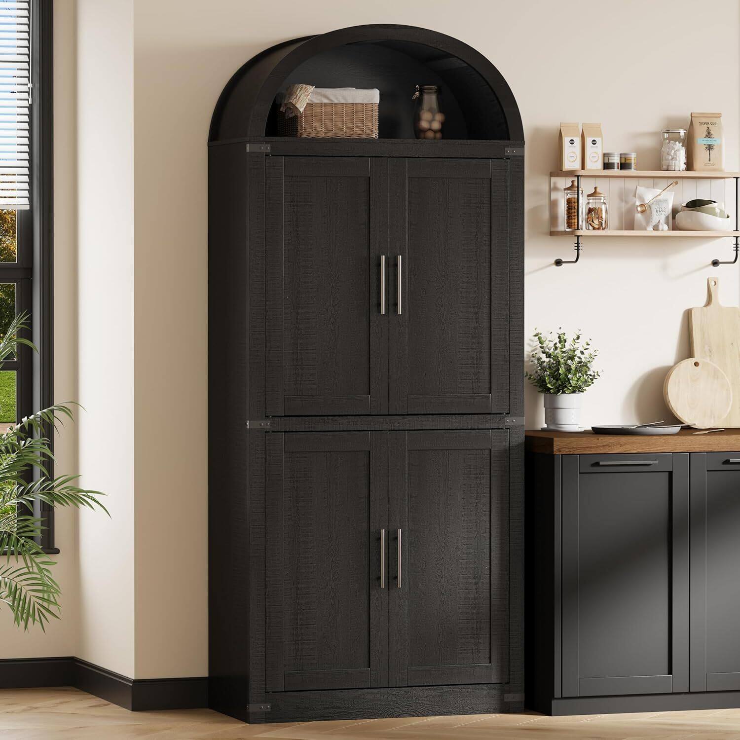 Angle. GARVEE - Modern Farmhouse Wood Bookcase, Arched Bookshelf Cabinet with 4 Doors & Open Shelf - BLACK.