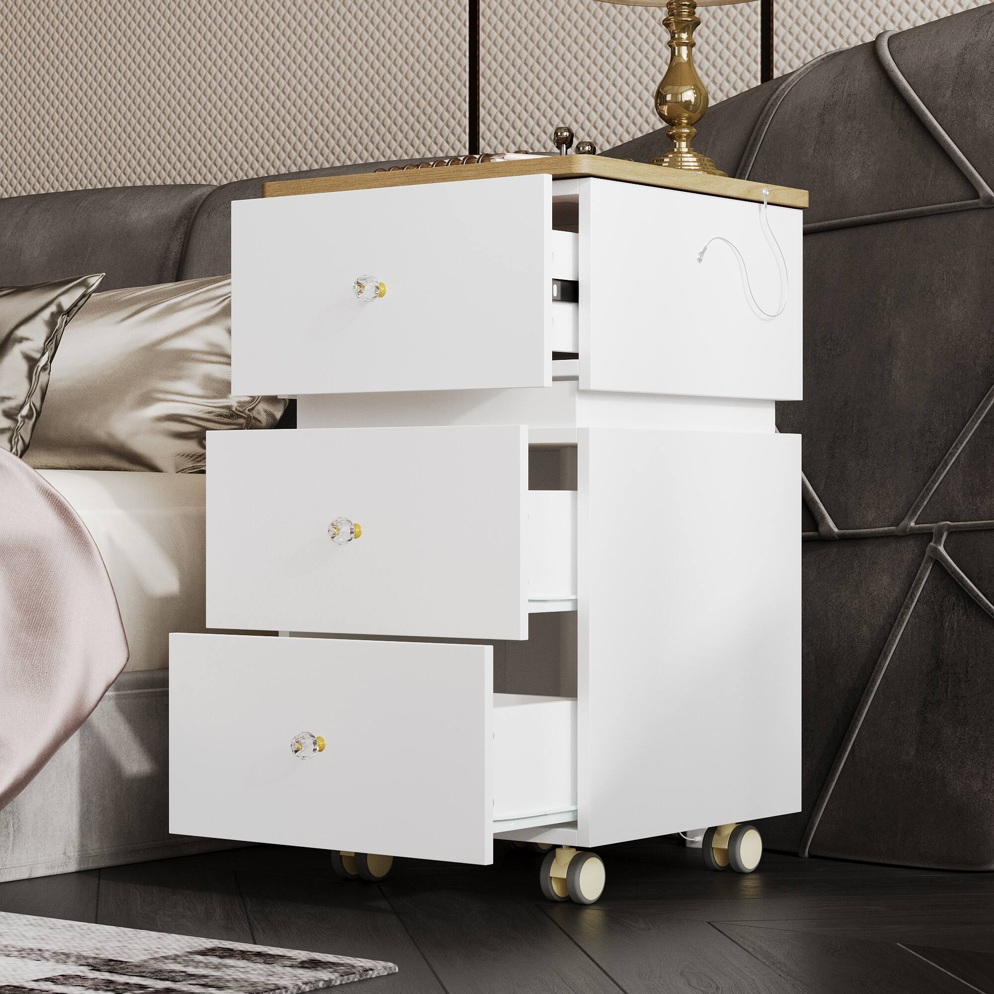 Back. Famapy - Smart Lift-Top Vanity Desk with Lights & Storage, Nightstand Makeup Table, Vortex Flush Comfort Upgrade - White.