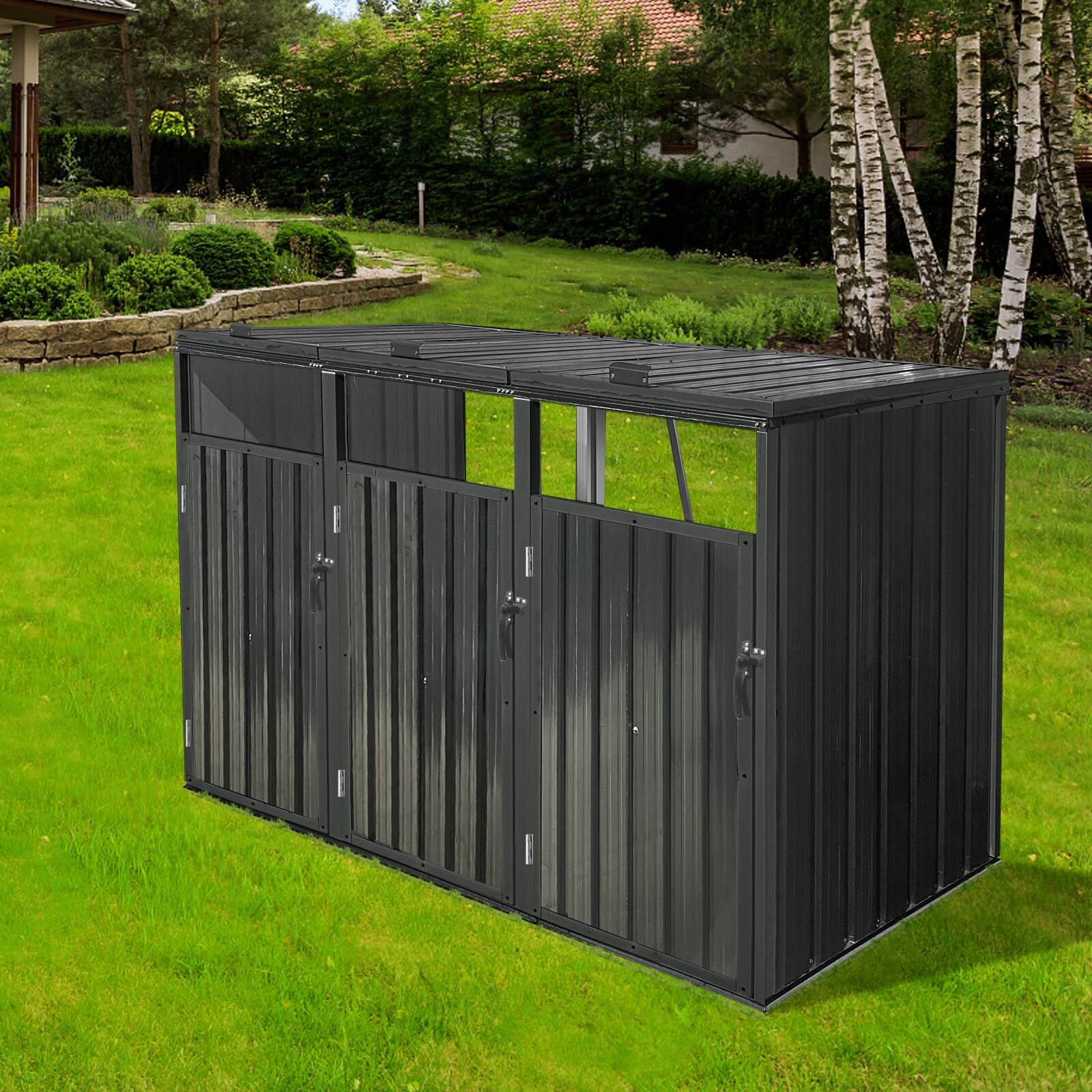 Left. Mondawe - 3 Trash Cans Metal Outdoor Bin Shed - Black.
