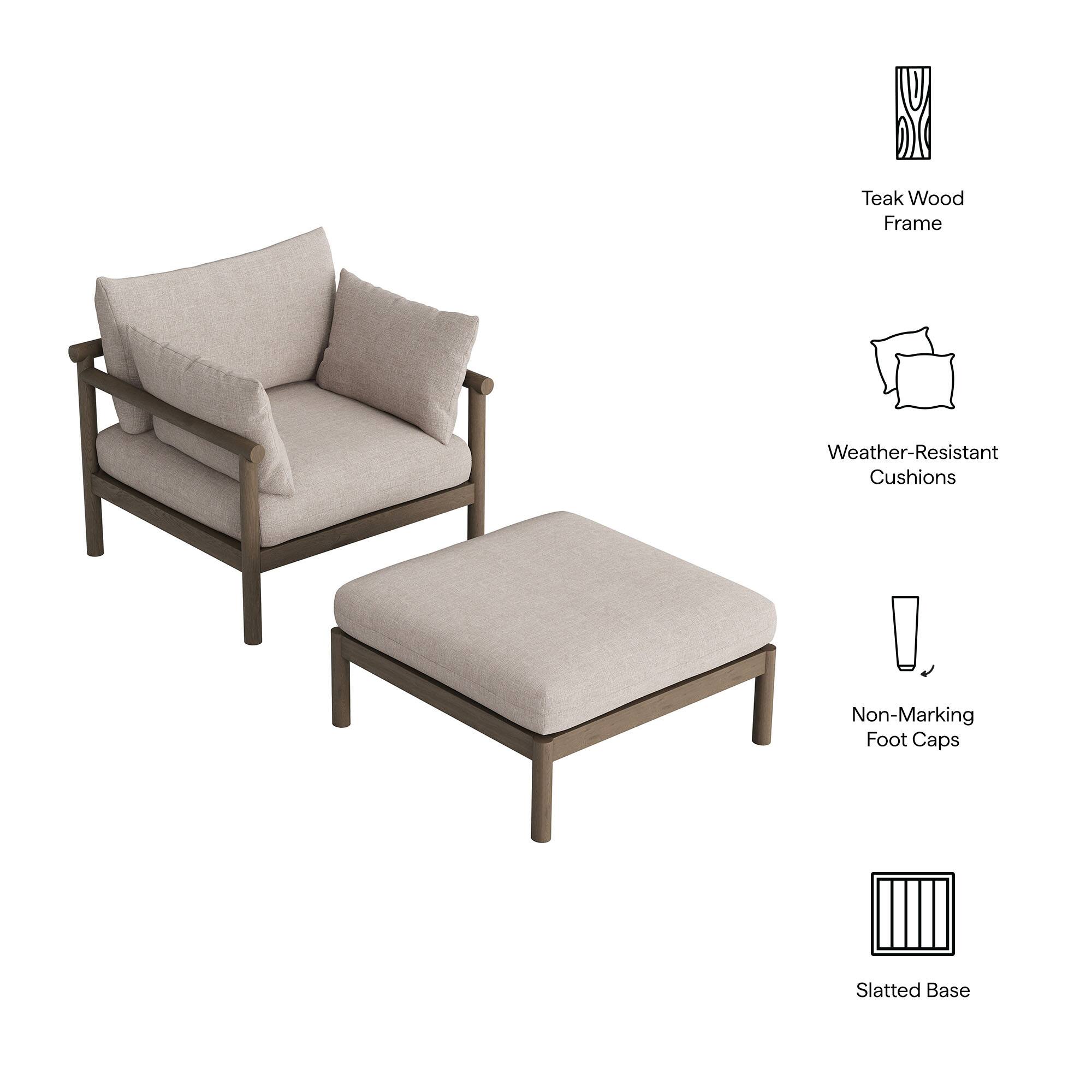 Teak Wood Frame, Weather-Resistant Cushions, Non-Marking Foot Caps, Slatted Base