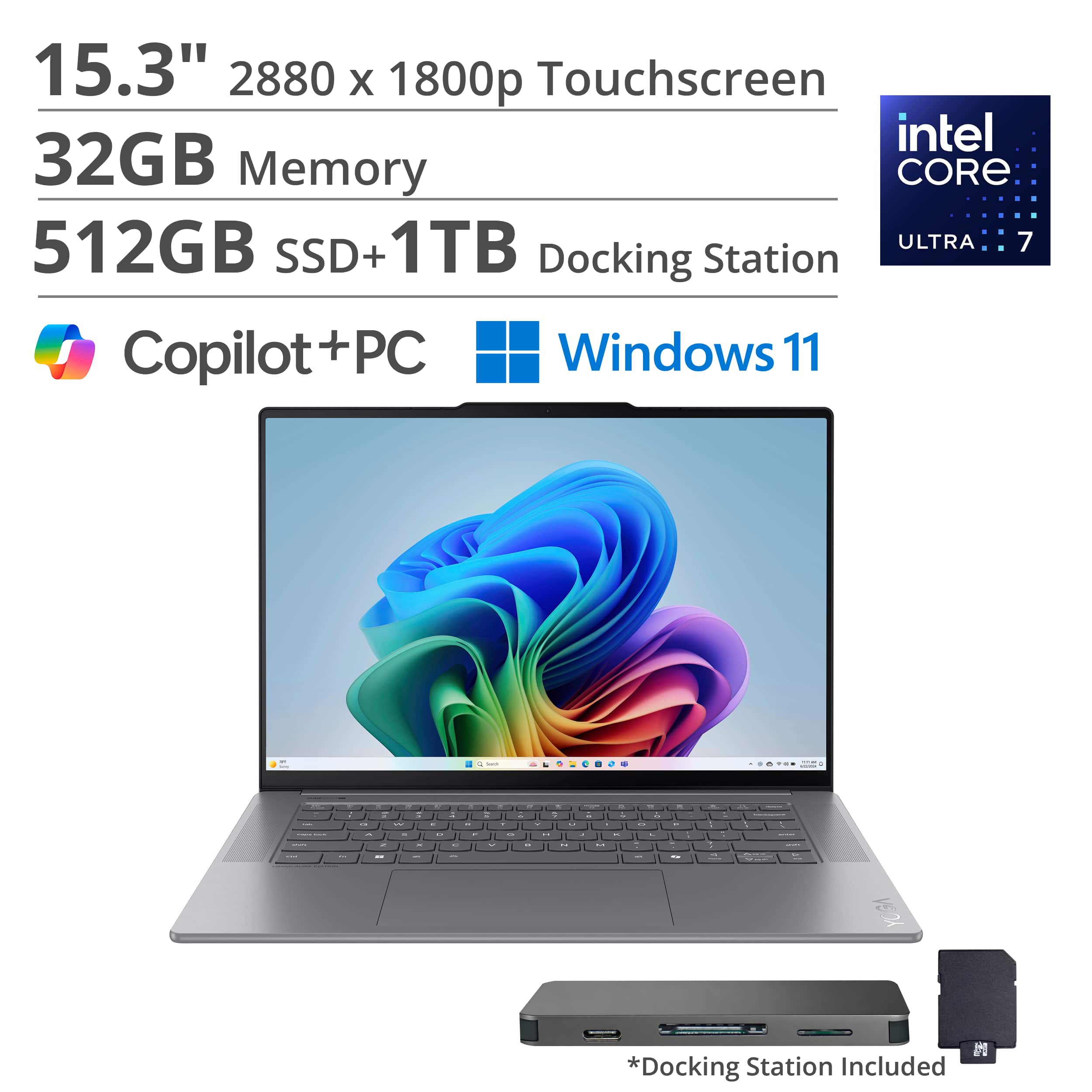 Lenovo - Yoga Slim 7i Aura Edition - Copilot+PC - 15.3” 3K 120Hz Touchscreen Laptop - Intel Core Ultra 7 258V 2024 - 32GB - 512GB - Luna Grey