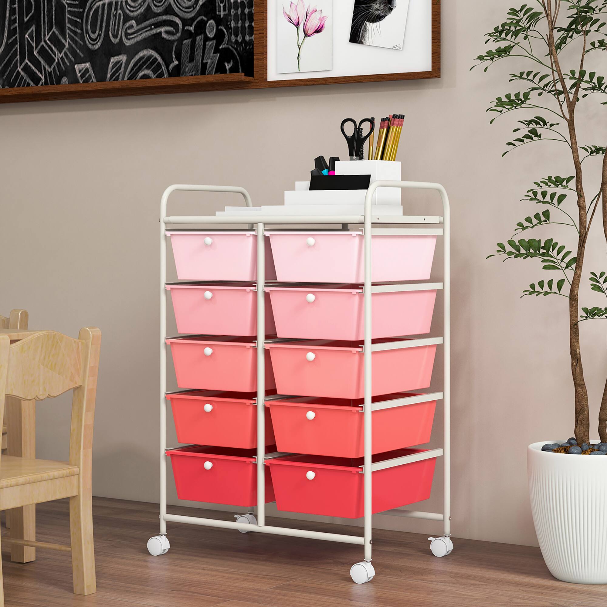 Alt View 1. Gymax - Gymax 10-Drawer Rolling Storage Cart Tools Scrapbook Paper Organizer on Wheels Pink Gradient - Pink Gradient.