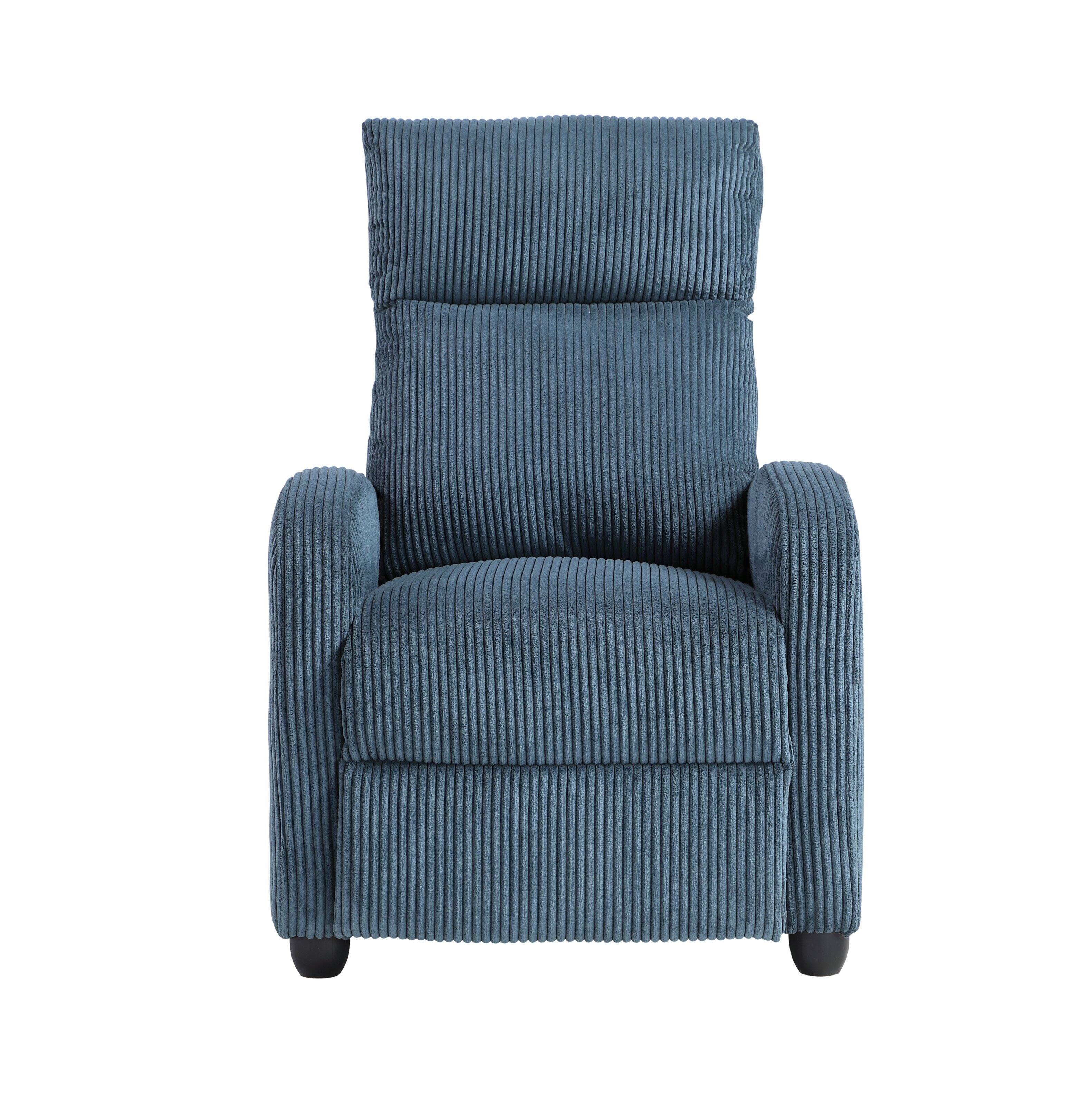Angle. TinyHomie - Modern Push Back Recliner Chair Bue Soft Corduroy Upholstery Comfort Solid Wood Living Room Furniture 1pc - Blue.