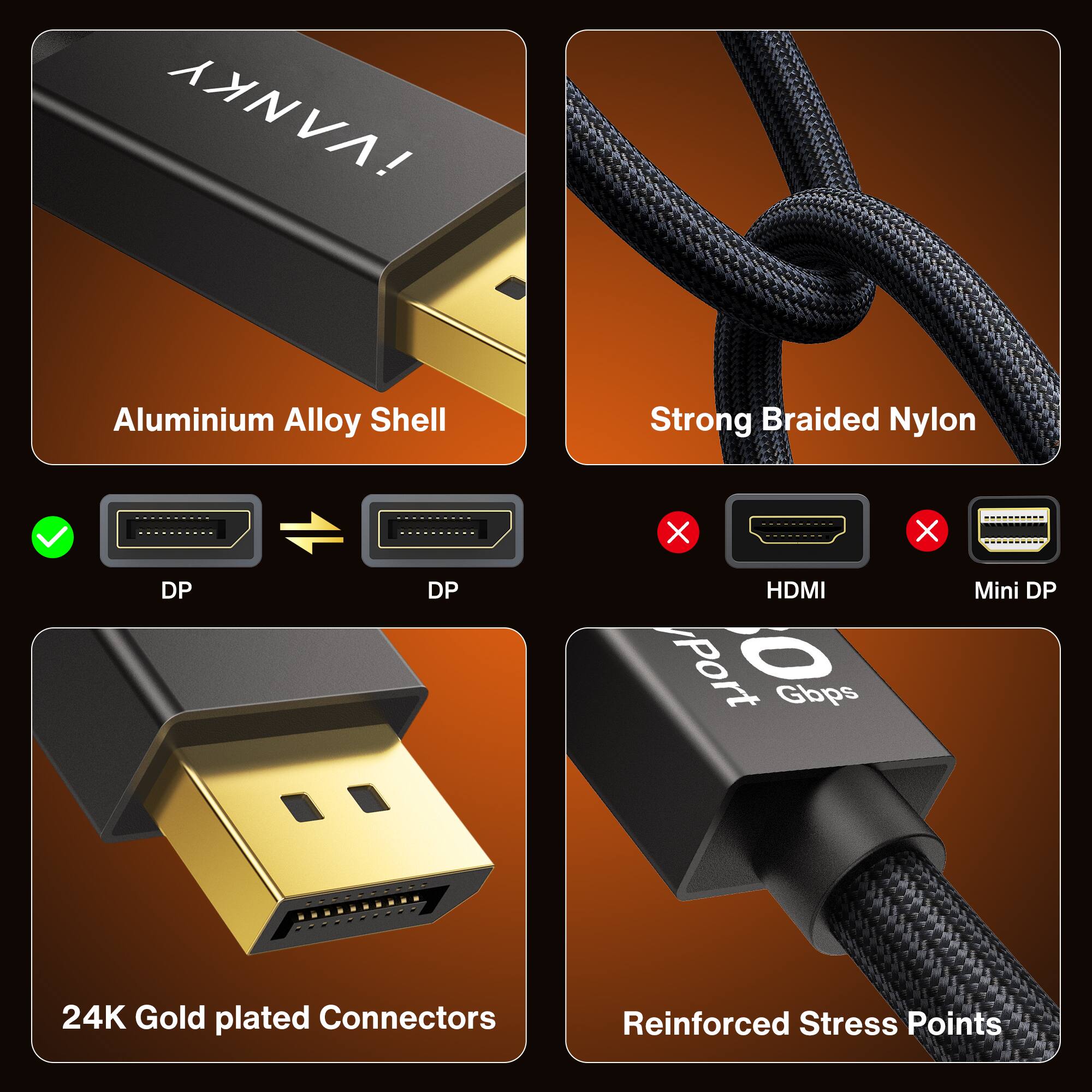 !VVNKY

Aluminium Alloy Shell

Strong Braided Nylon

DP
DP
X HDMI /Port Gbps
X
Mini DP

24K Gold plated Connectors

Reinforced Stress Points