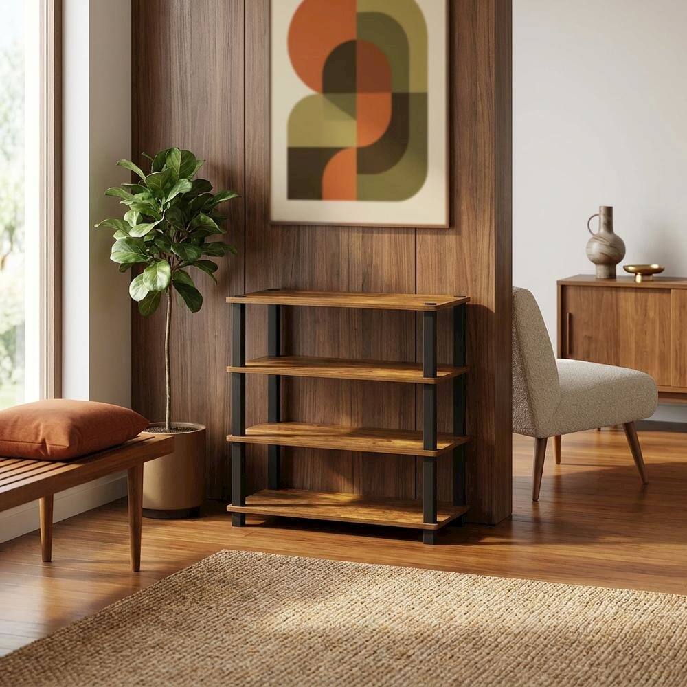 Left. FurniFact - Brown 4-Tier Shoe Rack - Amber Pine/Black.