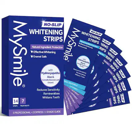NO-SLIP WHITENING STRIPS MySmile Natural Ingredient Protection Effective Whitening Enamel Safe Whitening Hydroxyapatite Aloe & Camellia Sinensis Leaf Extract Reduces Sensitivity Remineralizes Whitens Teeth 14 7 TREATMENTS 5 PROFESSIONAL + 2 EXPRESS + 1 SHADE GUIDE