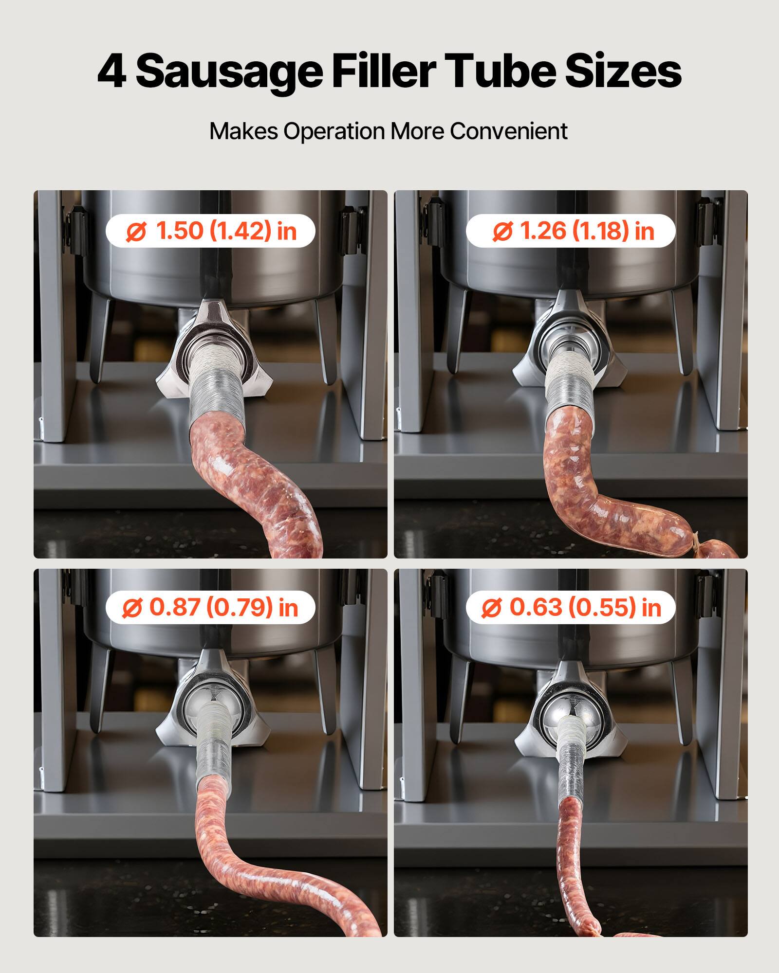 4 Sausage Filler Tube Sizes  
Makes Operation More Convenient  

1.50 (1.42) in  
1.26 (1.18) in  
0.87 (0.79) in  
0.63 (0.55) in