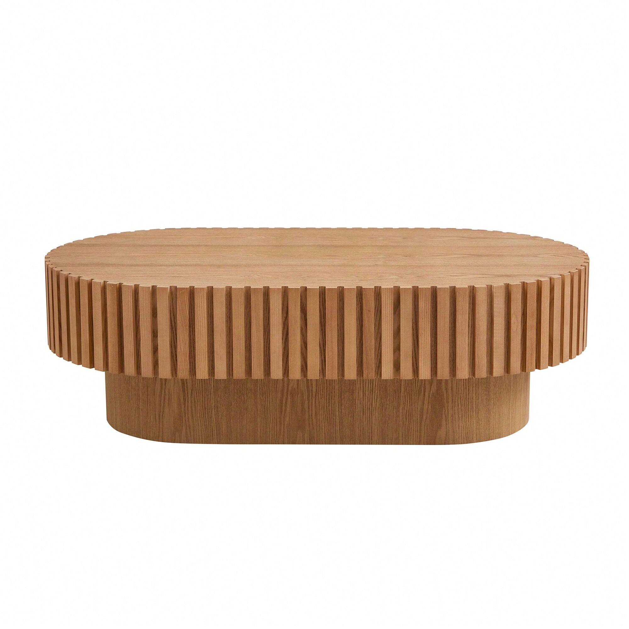 Alt View 1. Trinkets Crazed - Round Fluted Coffee Table, Mid Century Modern Irregular Large 43.7 Inch Wood Drum Design - Natural.