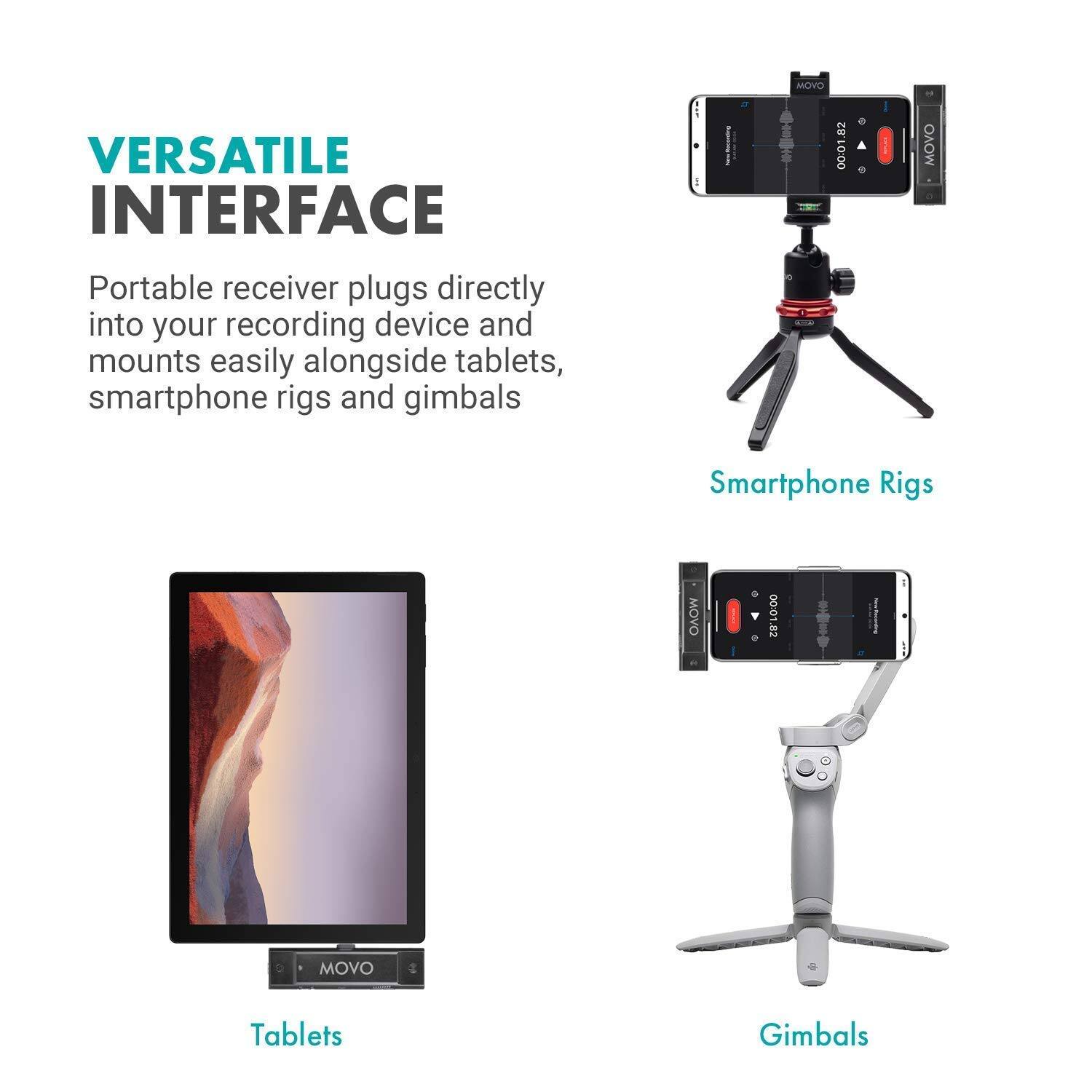 VERSATILE INTERFACE

Portable receiver plugs directly into your recording device and mounts easily alongside tablets, smartphone rigs, and gimbals.

- Smartphone Rigs
- Tablets
- Gimbals