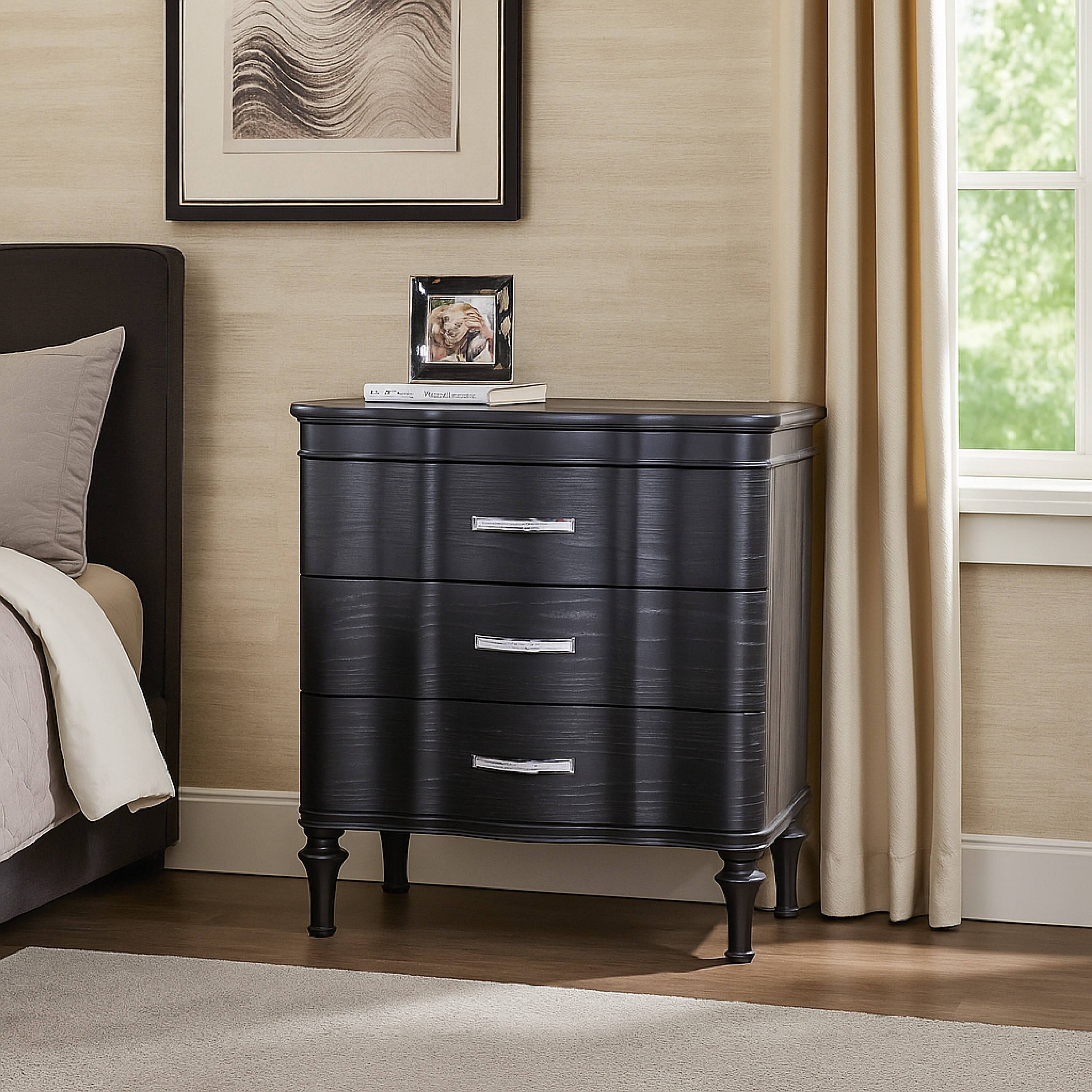 Alt View 5. Manhattan Lane - Eleena Nightstand, 3 Drawers, Black Solid Wood, Metal Handles, 28 Inch - Black, Chrome.