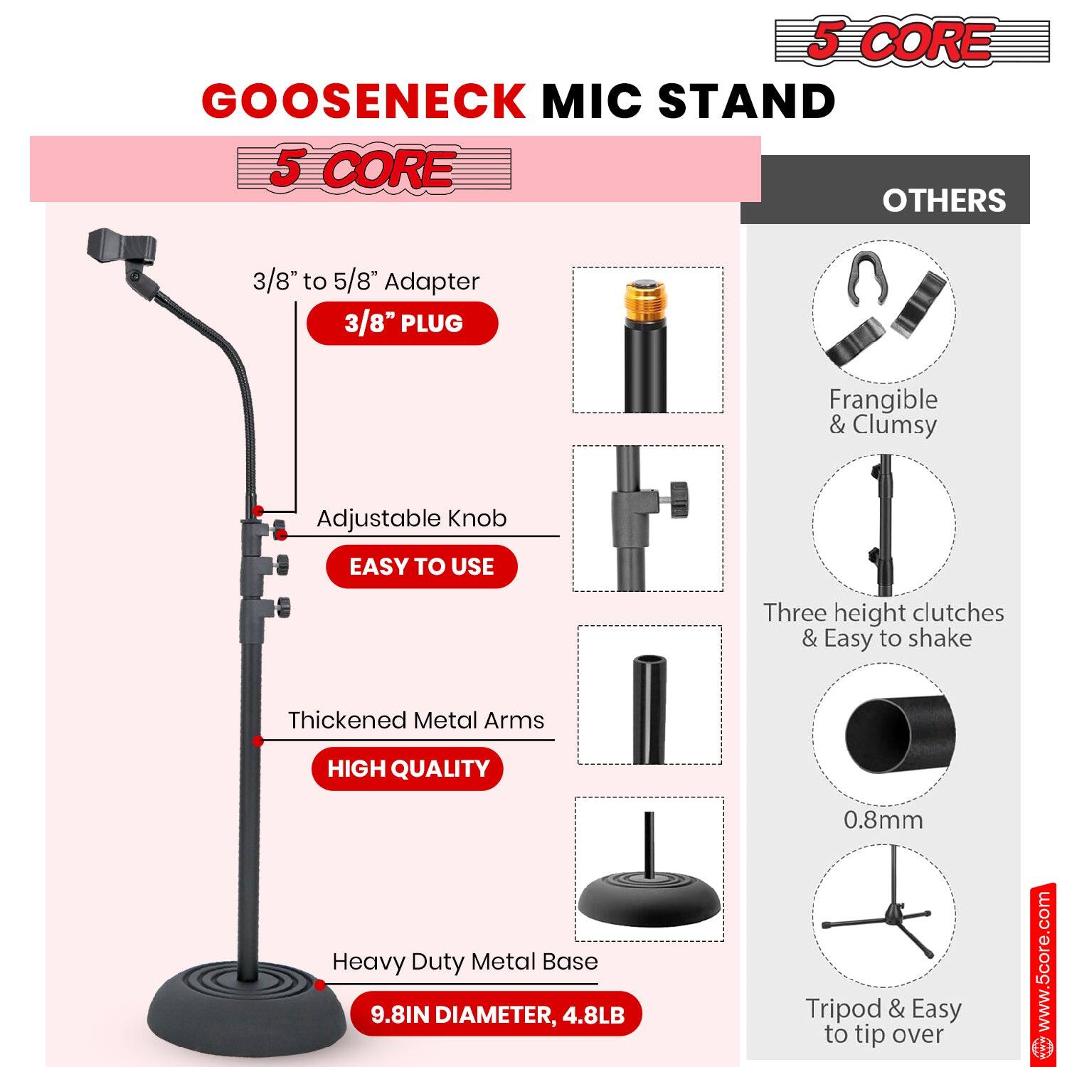 5 CORE GOOSENECK MIC STAND
5 CORE OTHERS
3/8" to 5/8" Adapter
3/8" PLUG
Frangible & Clumsy
Adjustable Knob
EASY TO USE
Three height clutches & Easy to shake
Thickened Metal Arms
HIGH QUALITY
Heavy Duty Metal Base
9.8IN DIAMETER, 4.8LB
0.8mm
Tripod & Easy to tip over
www.5core.com