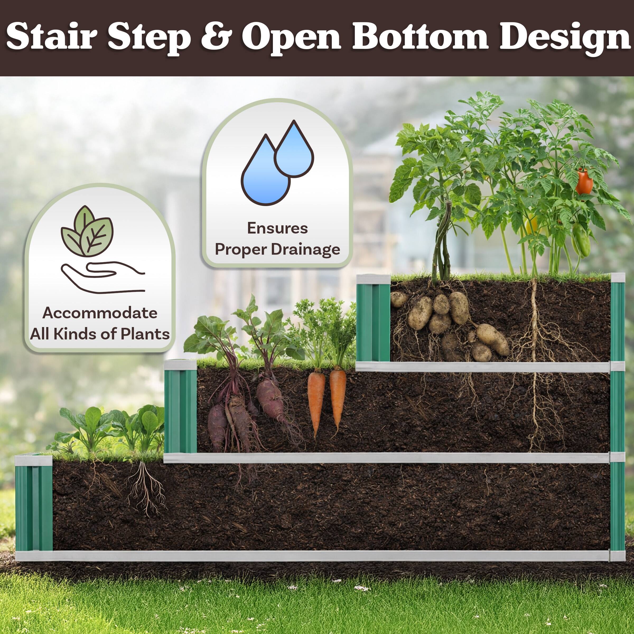 Stair Step & Open Bottom Design Ensures Proper Drainage Accommodate All Kinds of Plants