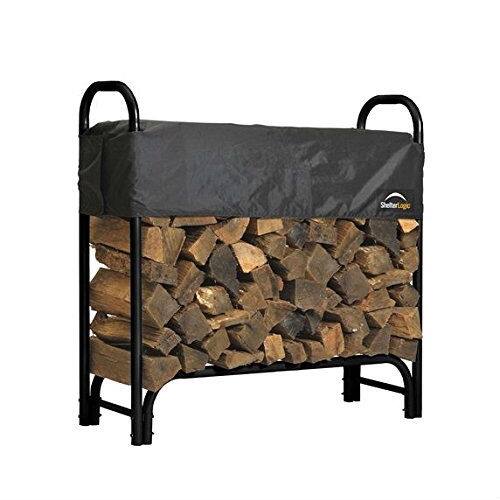 Front. SlickBlue - 4 Ft Outdoor Steel Firewood Rack with Cover  Log Storage Solution - Black.
