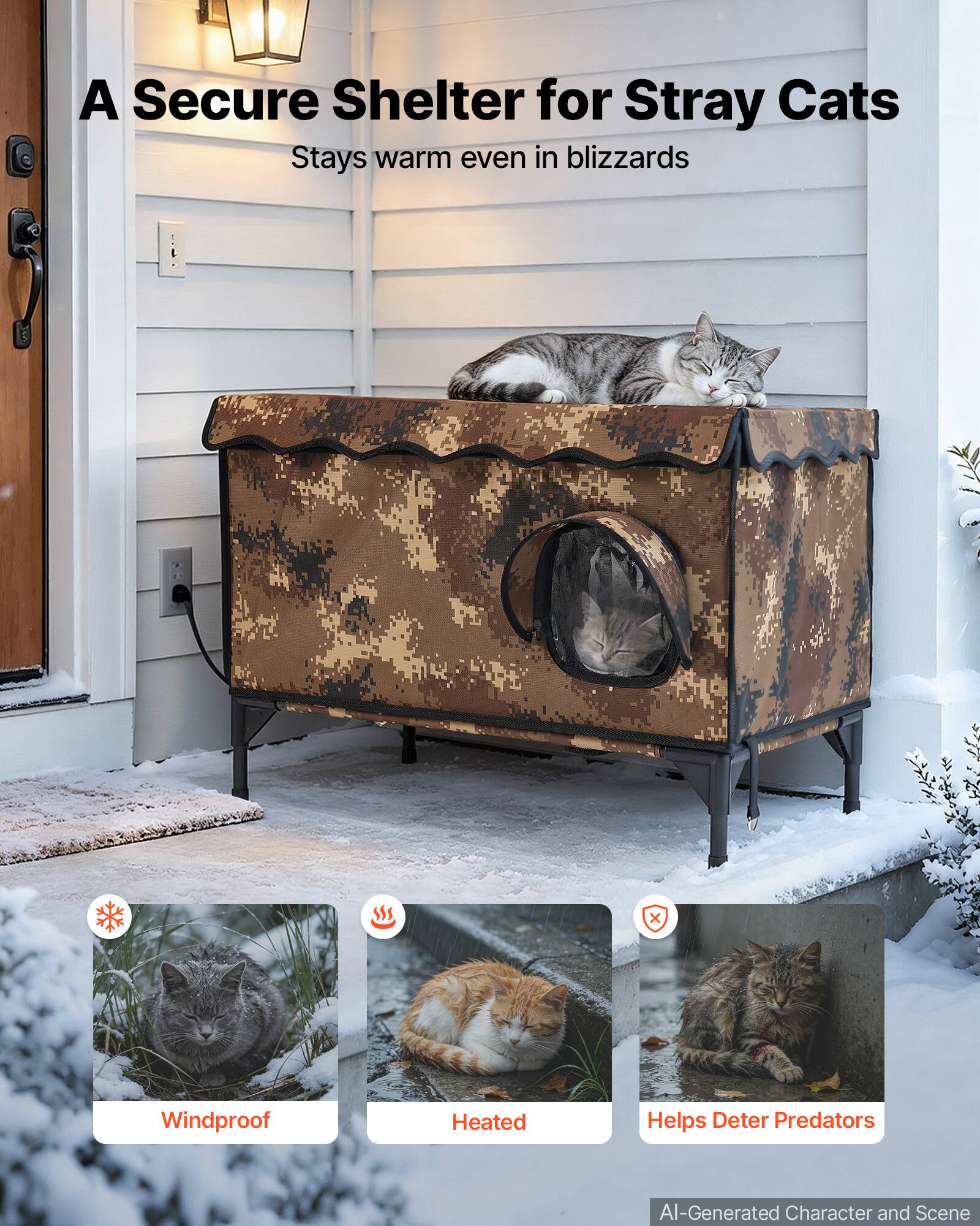 VEVOR Elevated Heated Cat House 25.4W Insulated Shelter with Heated Pad ...