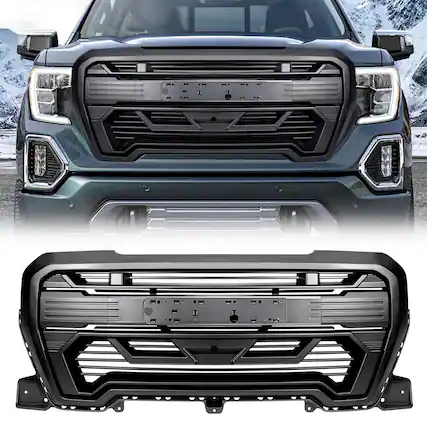 Front. AMERICAN MODIFIED - AMERICAN MODIFIED Grille w/Emblem Base, 2019-2021 GMC Sierra 1500, Matte Black - Matte Black.